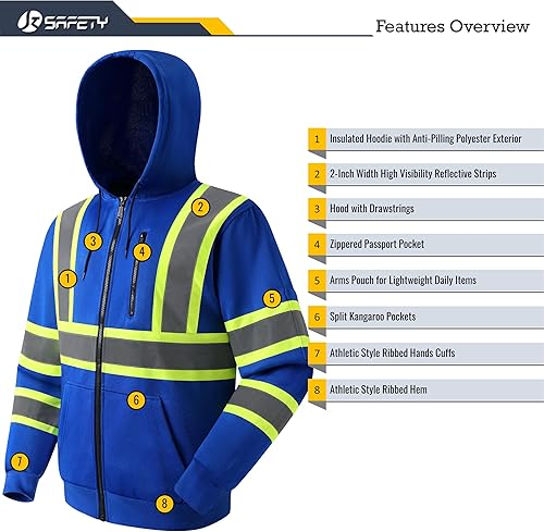 Miniatura 4 de JKSafety Sudadera de seguridad de alta visibilidad para hombres y mujeres, sudadera con capucha y cremallera de alta visibilidad con tiras