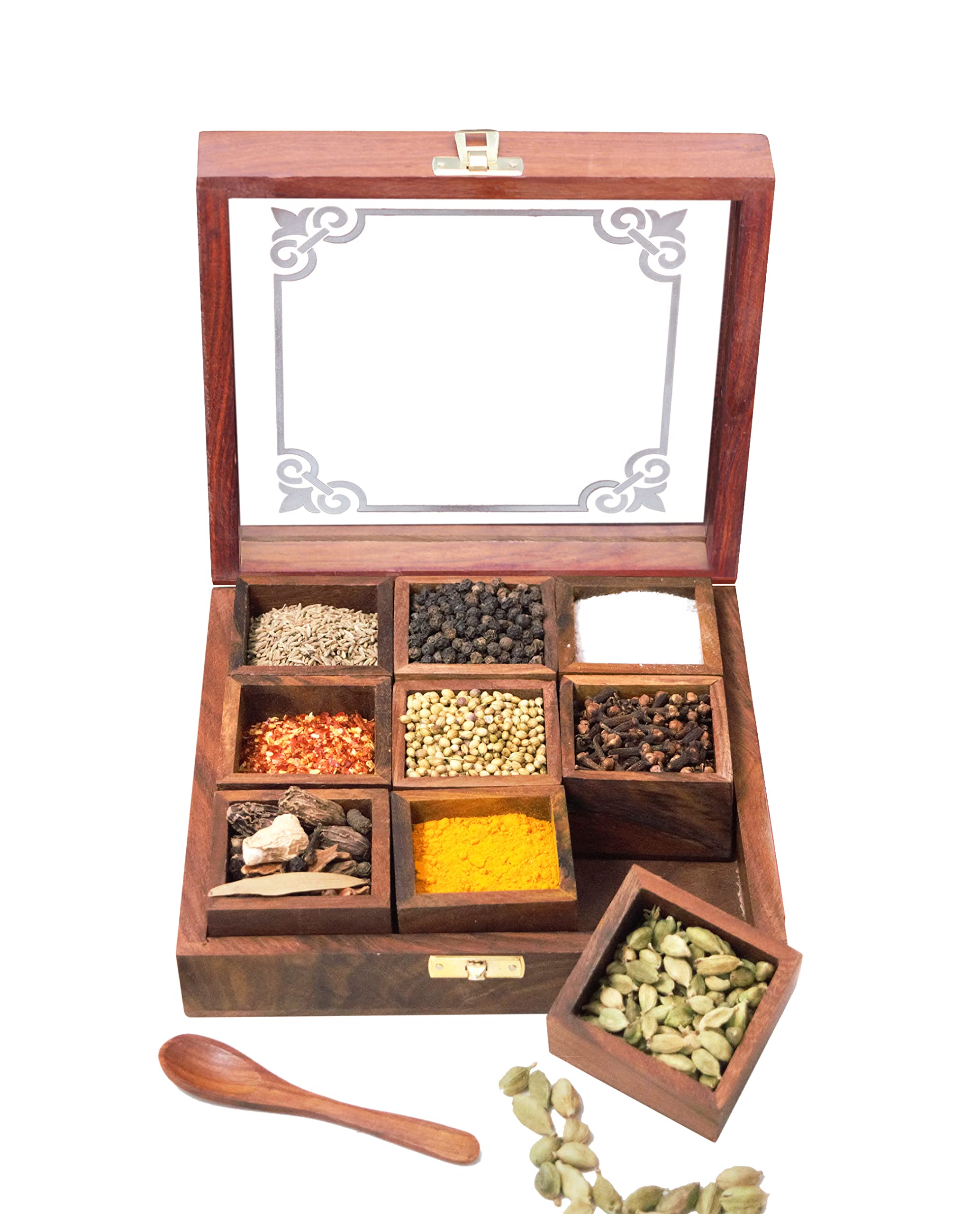 Woodiva Aufbewahrungsbox für Gewürze aus Holz für Küchenbehälter mit Löffel (9 Behälter)