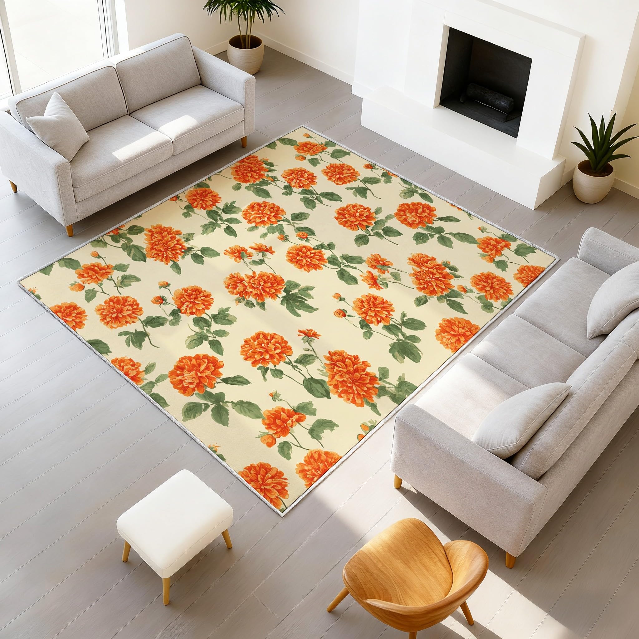 Generisch Dywan botaniczny, styl wiejski, puszysty dywan vintage, kwiaty, łatwy w pielęgnacji, pomarańczowy wzór kwiatowy, kremowy, dywan i tylna strona TPR, 60 x 90 cm, do wejścia, mata pod drzwi