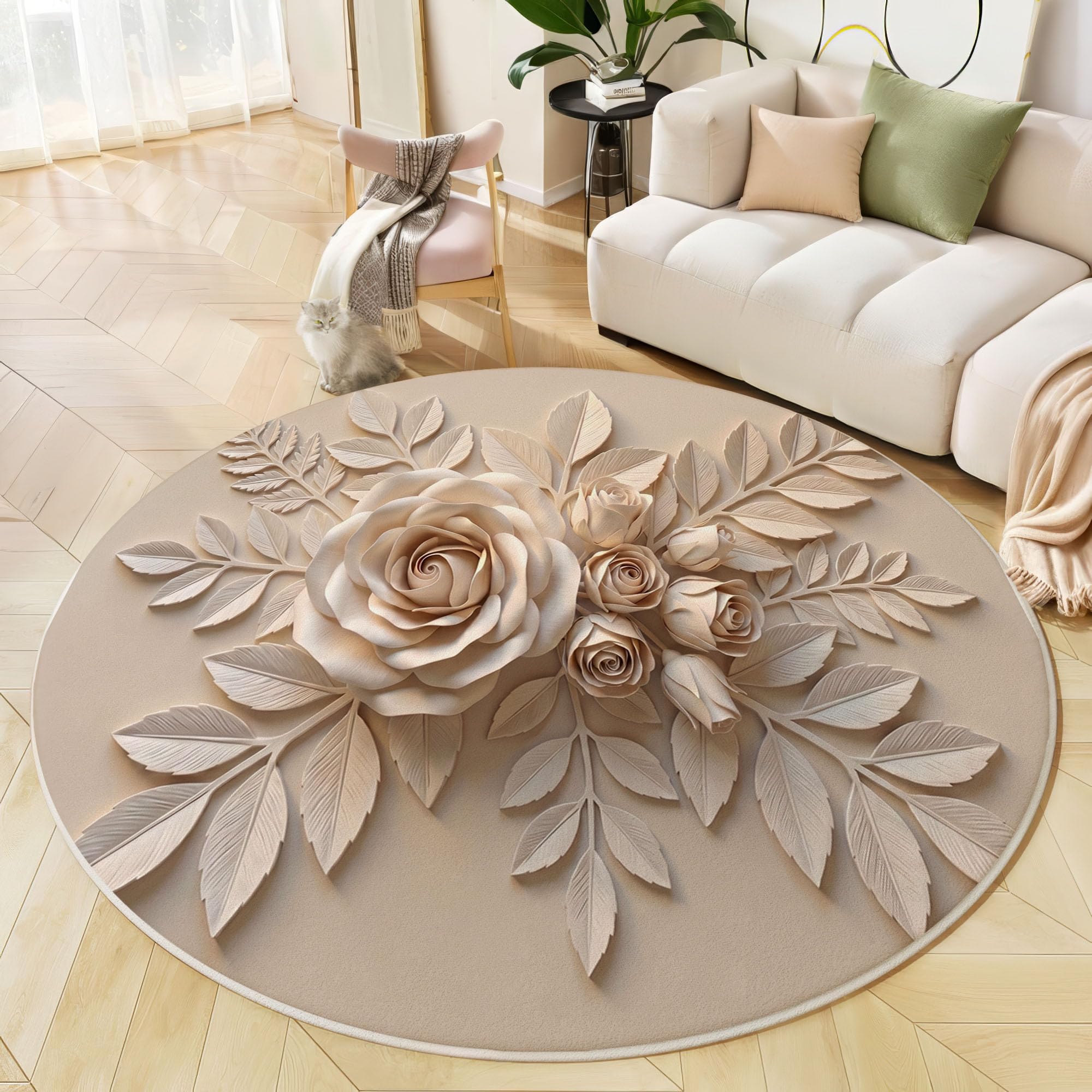 Tapis rond blanc cassé lavable en machine avec dossier antidérapant 180cm