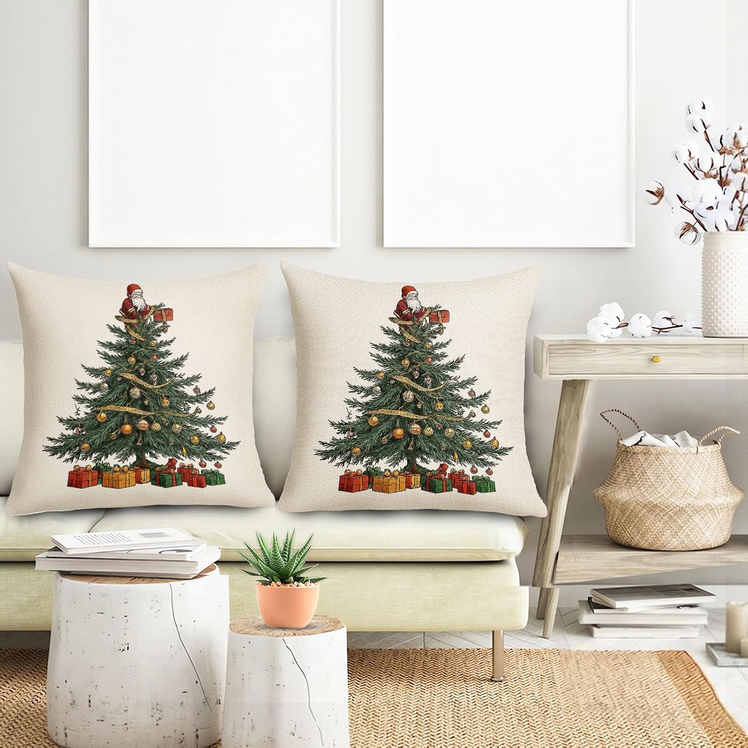 Merry Christmas Pillow Covers 18x18 Inch Santa Pine Tree Golden Balloons Throw Pillows For Couch Soft Durable Cushion Covers Winter Holiday Farmhouse Pillow Cases for Bed Sofa Decor Set of 2