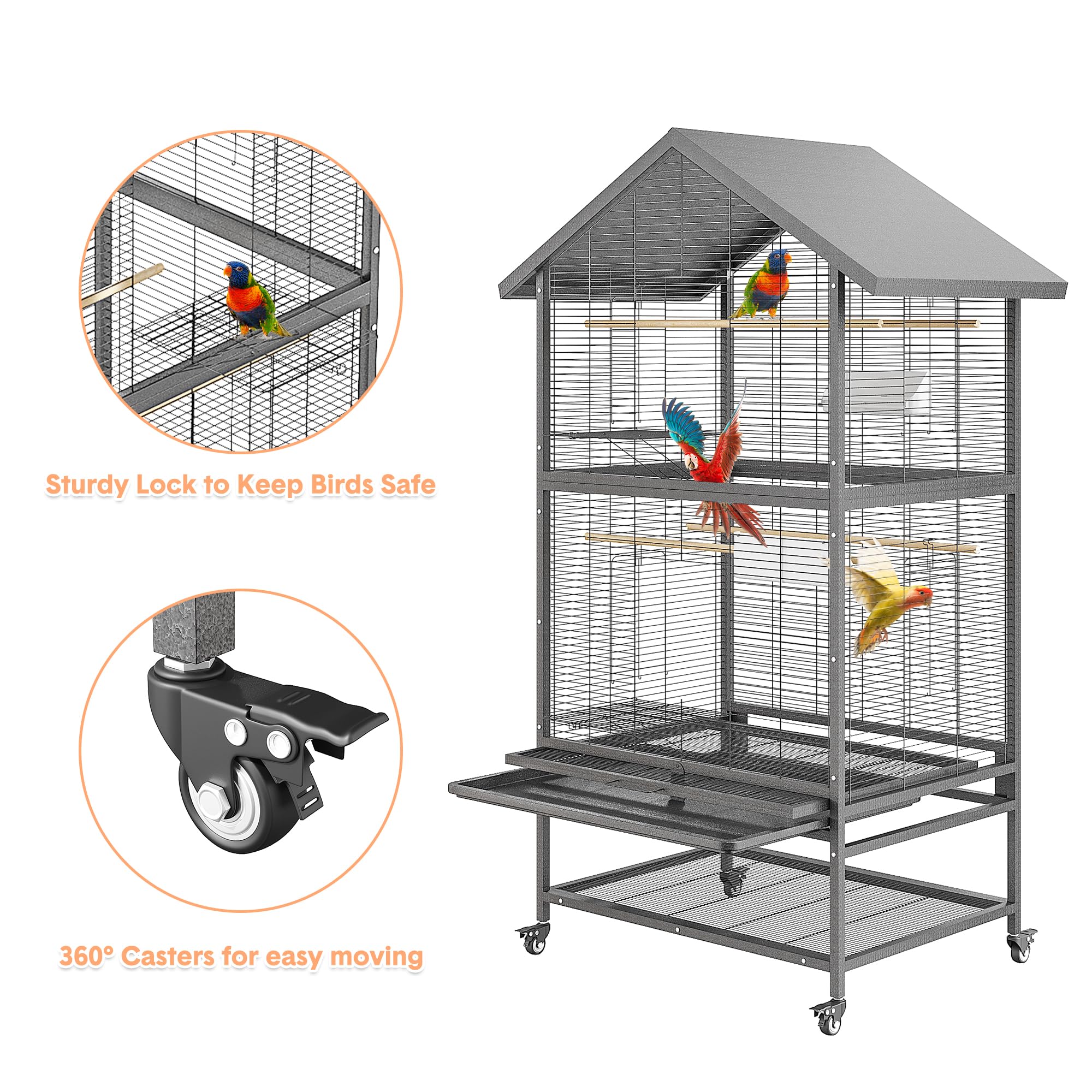 65,7 Zoll Großer Vogelkäfig mit Rollen, Flugkäfig für Sittiche mit 4 Metallfutterspendern, Holz-Sitzstangen und Ablagebrett – Robust & Sicher
