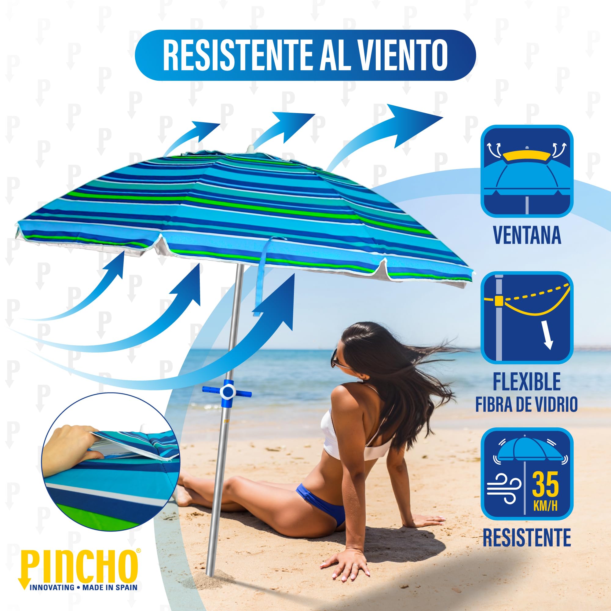 Pincho Duży parasol plażowy Ø200 cm, ochrona przed wiatrem, ochrona UV 50, wysokiej jakości materiały, rura aluminiowa, pręty z włókna szklanego, drążek rozkładany