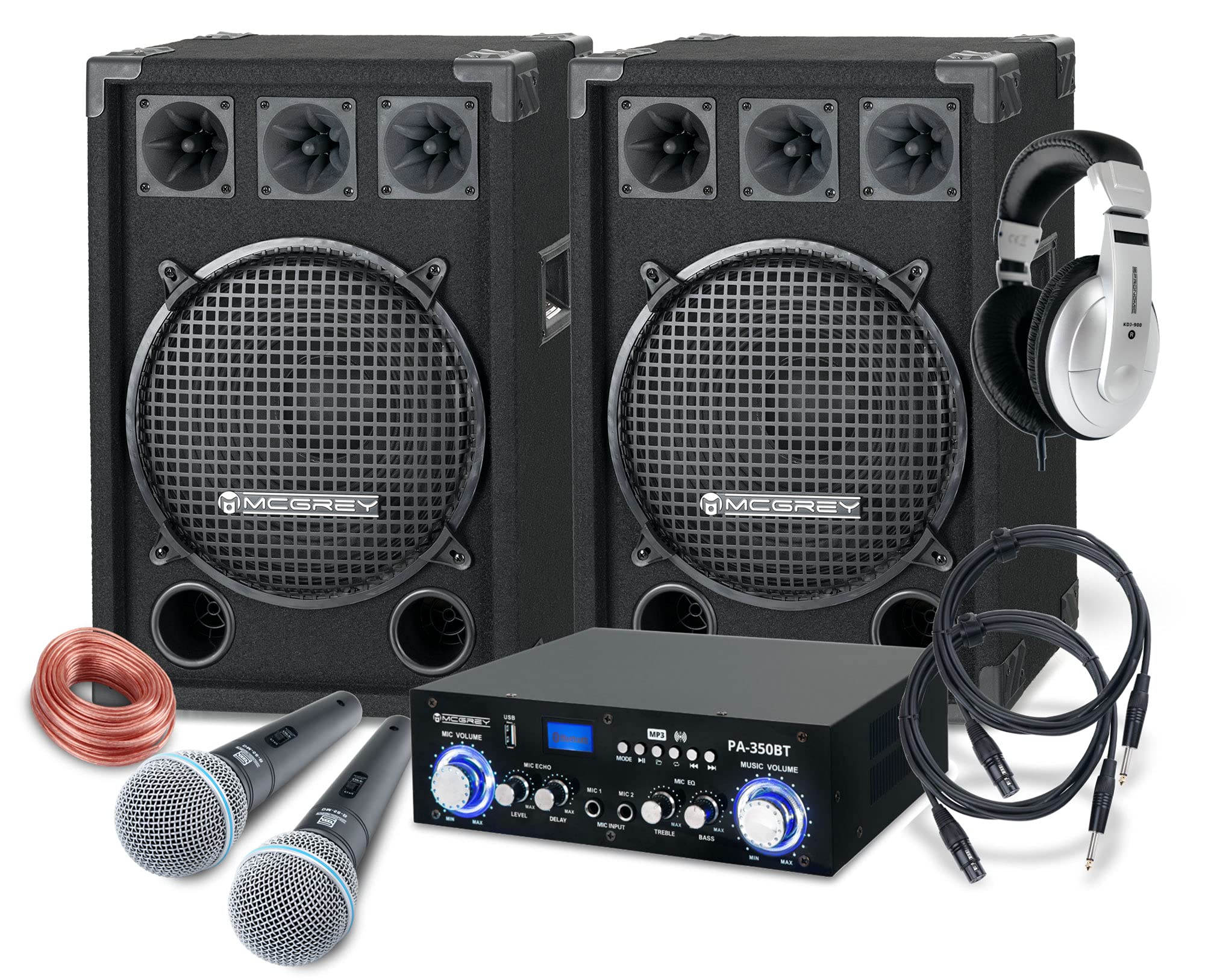 McGrey DJ Karaoke Komplettset PA Anlage Party-2000 (Lautsprecher, 2 x 600 Watt, Bluetooth-Endstufe, Verstärker, Lautsprecherkabel, Kopfhörer, Mikrofon, Klemme, Reduziergewinde, Etui, Mikrofonkabel)