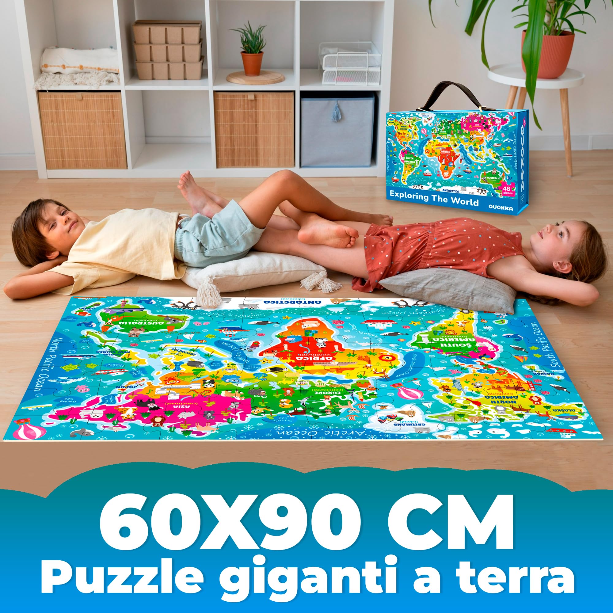 QUOKKA Grande Puzzle Bambini 3 4 5 Anni - 60x90 cm 48 Pezzi Puzzle Mappamondo Bambini 5 6 Anni - Gigante da Pavimento Giocattolo con Mappa del Mondo - Regalo Educativo per Ragazzi e Ragazze dai 2 ai 6