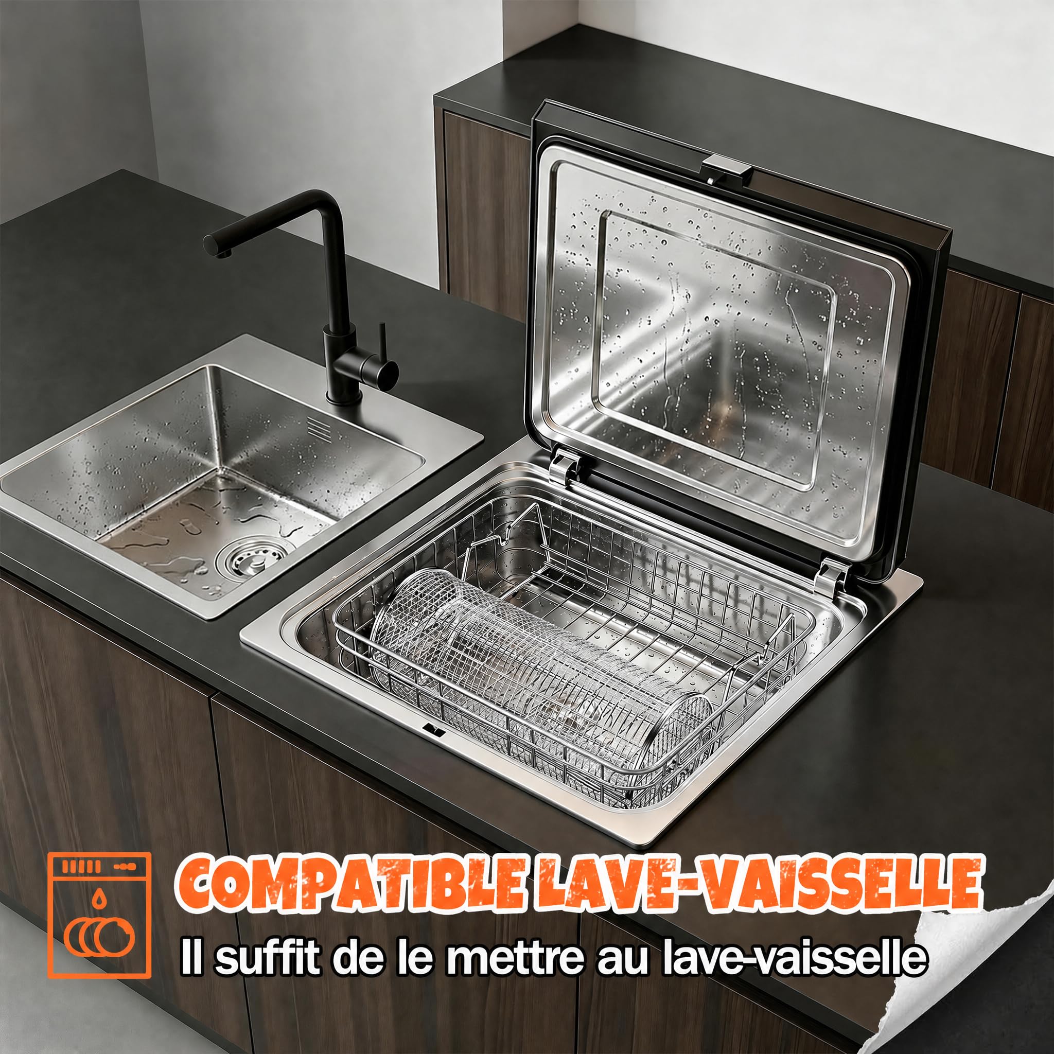2-en-1 Panier à Barbecue Roulant Rotatif, Inoxydable 304 avec Poignées Détachables Doubles Manivelle et Droite, Accessoires BBQ pour Légumes Crevettes, Cadeau Idée Homme Papa Mari Anniversaire