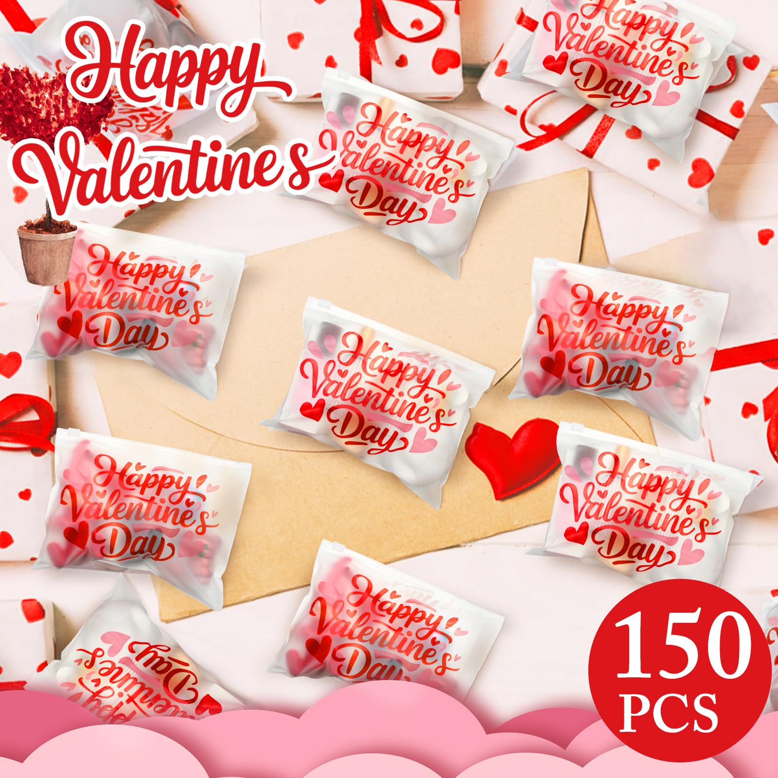 Kacctyen 150 Pack Happy Valentine's Day EVA Bags Bulk Galentine Reusable Clear Teacher Women Gift Pouches with Zipper Waterproof Bag for Candy Jewelry Bestie Galentine Gang Squad Party Supplies