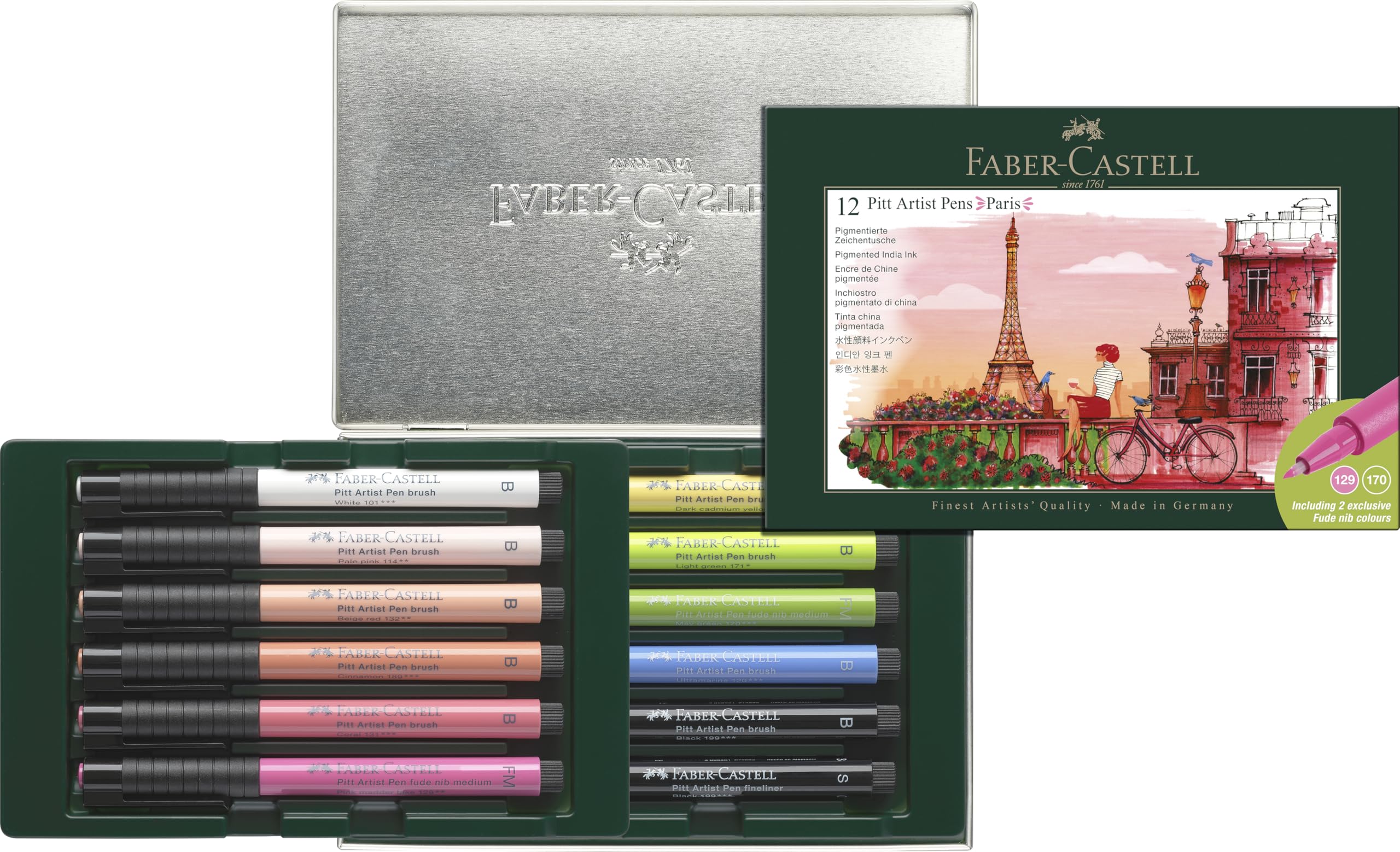 Faber-Castell Pitt Artist Brush Pen City Gift Set, Box of 12, Paris, Multicoloured, Pigmented, Waterproof, Permanent Ink, Acid-Free, Drawing, Sketching, Art, Craft, Pens, Home, Office, Art Studio