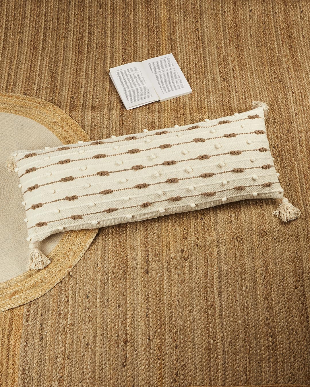 JutiePie Textured Handloom Boho Beige Cotton Cushion Cover with Tassel | Sofa, Diwan, Bedroom, Living Room | Rectangle Throw Pillow/Long Cushion Pillow Covers (14X36 Inch | 91CmX35Cm) Set of 1-image-35