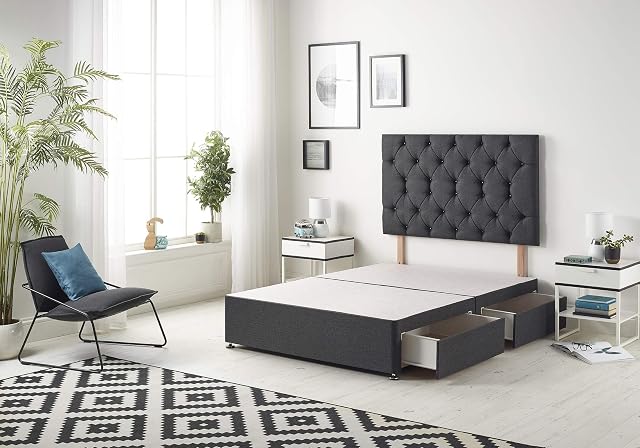 Bed Centre Charcoal Premier Divan Bed Base With Headboard And Storage Drawer- 3FT Single, 4FT Small Double, 4ft6 Double, 5FT King (Single 90 x 190 cm, 2 Drawer Same Side With Headboard)