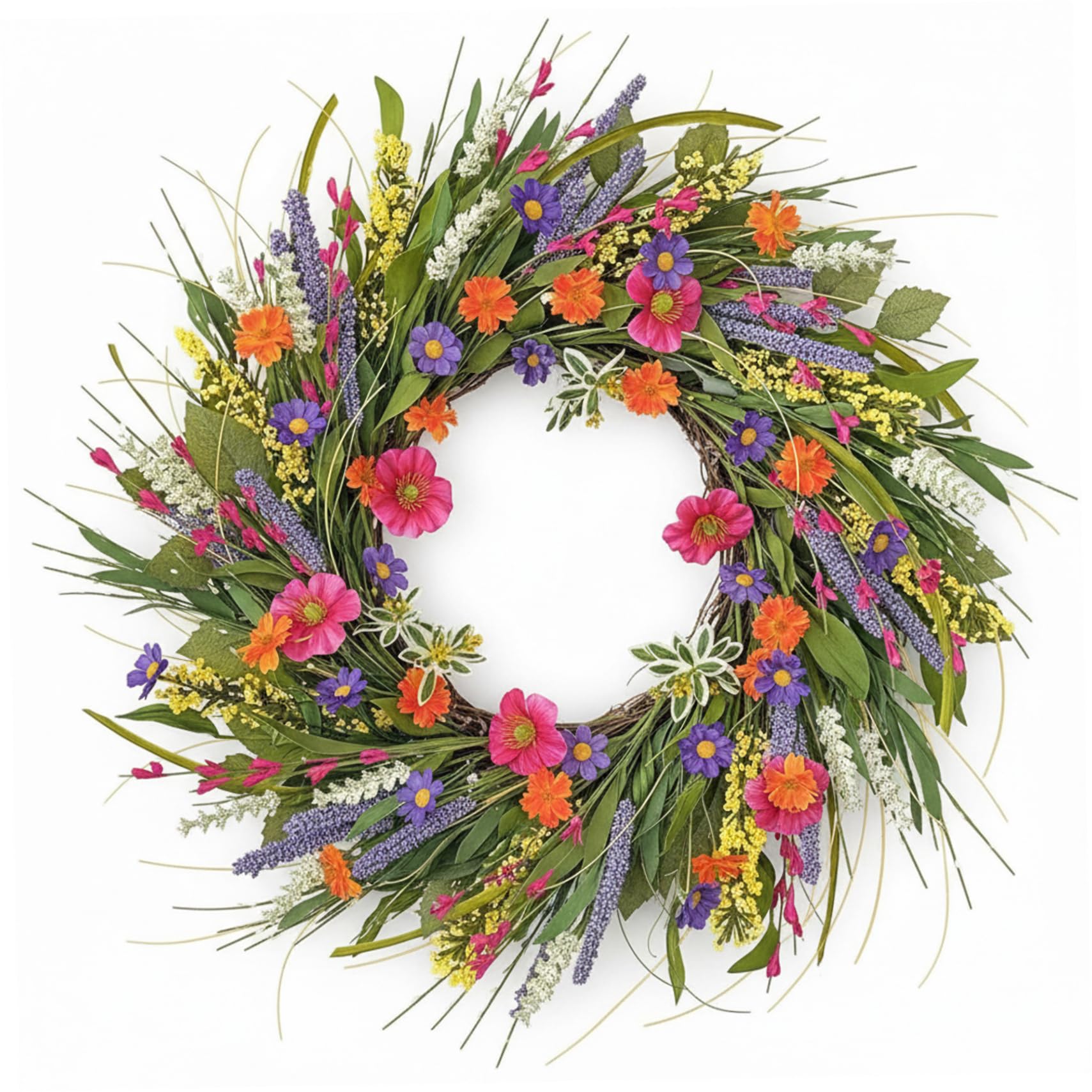 Neptuiby Wildflower Wreath for Front Door Wildflower Wreath Spring Summer 16 Inch Colorful Spring with Realistic Silk Flowers Summer Wreaths for Year-Round Home Decor