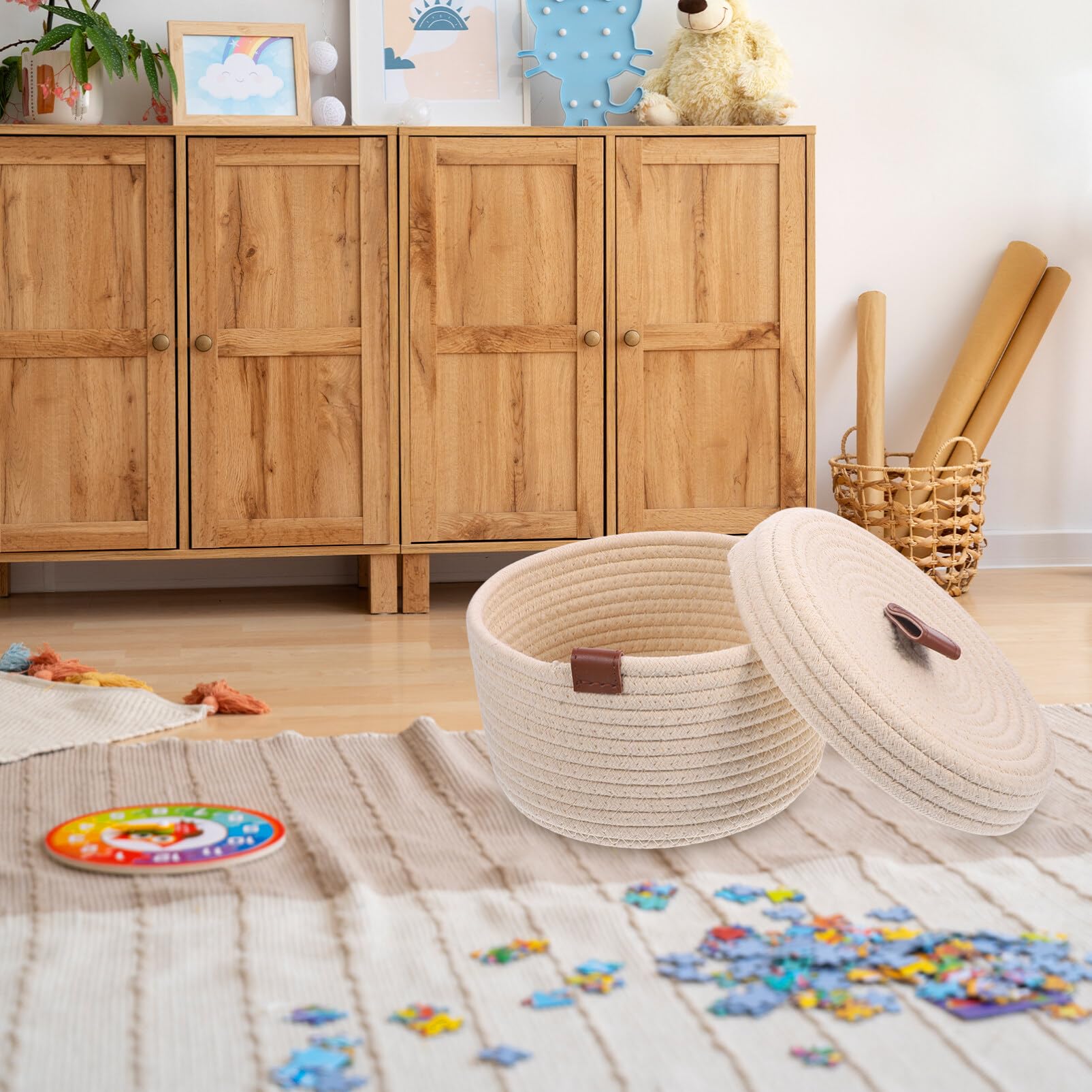 2piezas Cesta De Almacenamiento De Algodón Trenzado Con Tapa De Canastas Para Organizar Objetos y Snacks El Dormitorio Diseño Práctico y Versátil
