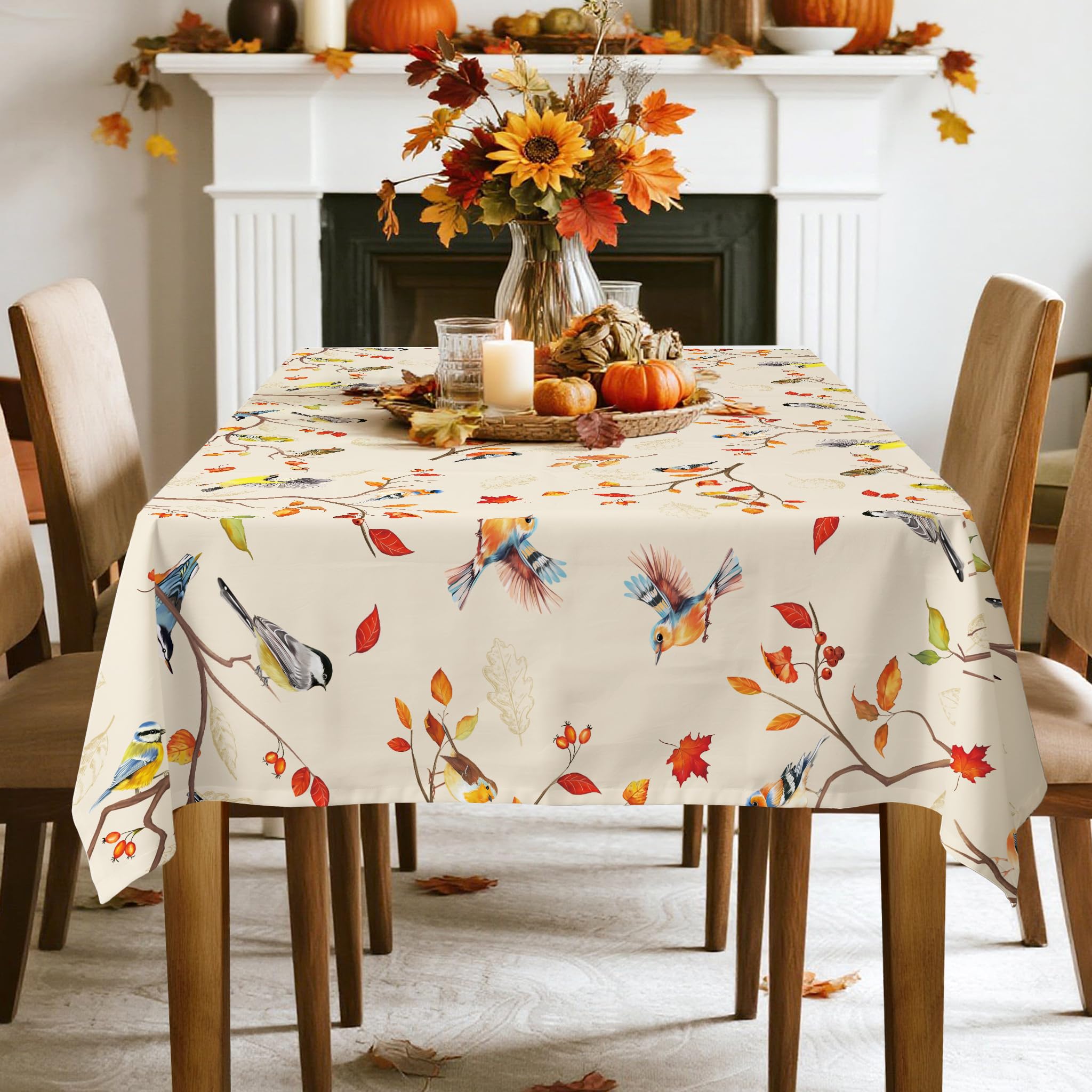 Arquiel Fall Bird Branch Tablecloth Waterproof, Maple Leaf Table Cloth Rectangle Stain Resistant - Image 3