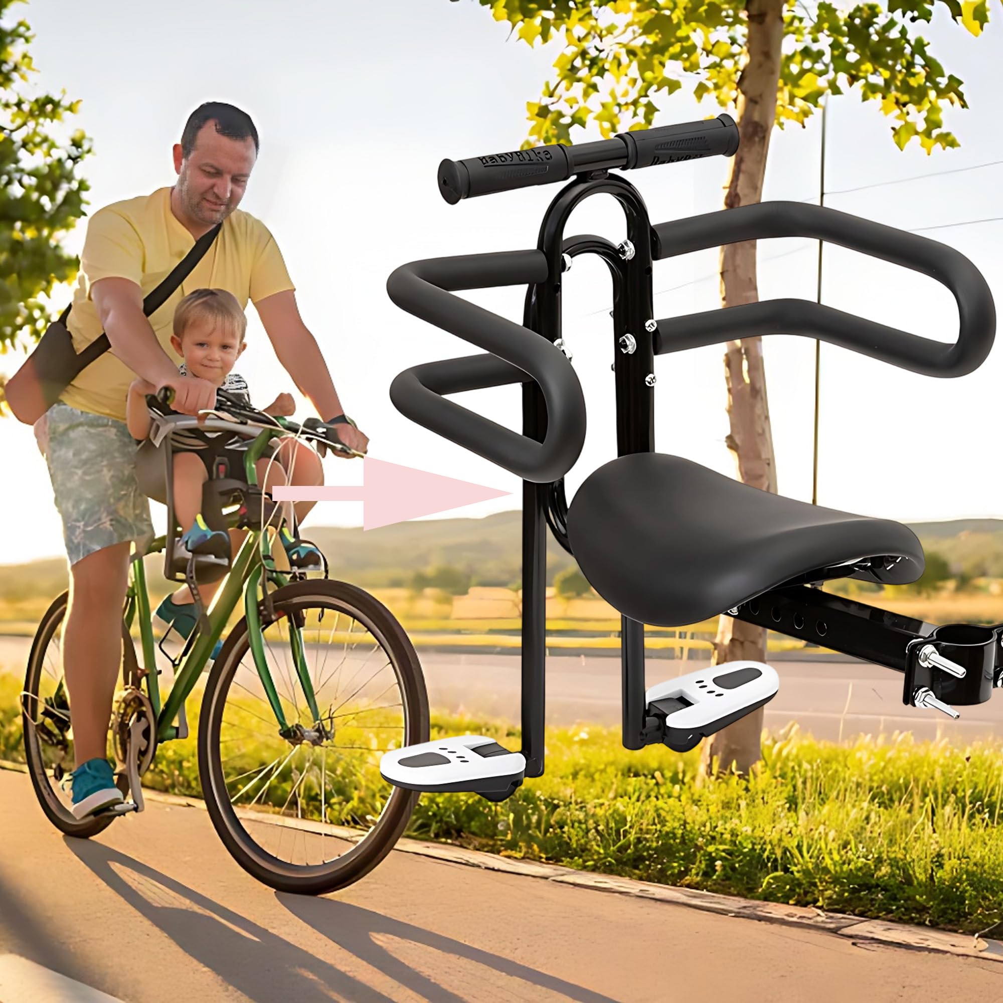 Seggiolino Bici Anteriore, Seggiolino Anteriore Bici Bambini, Regolabile in Altezza in avanti e Indietro, con Comodo Sedile Singolo, Bracciale, Recinzione, Pedali, Peso 30 kg, Nero