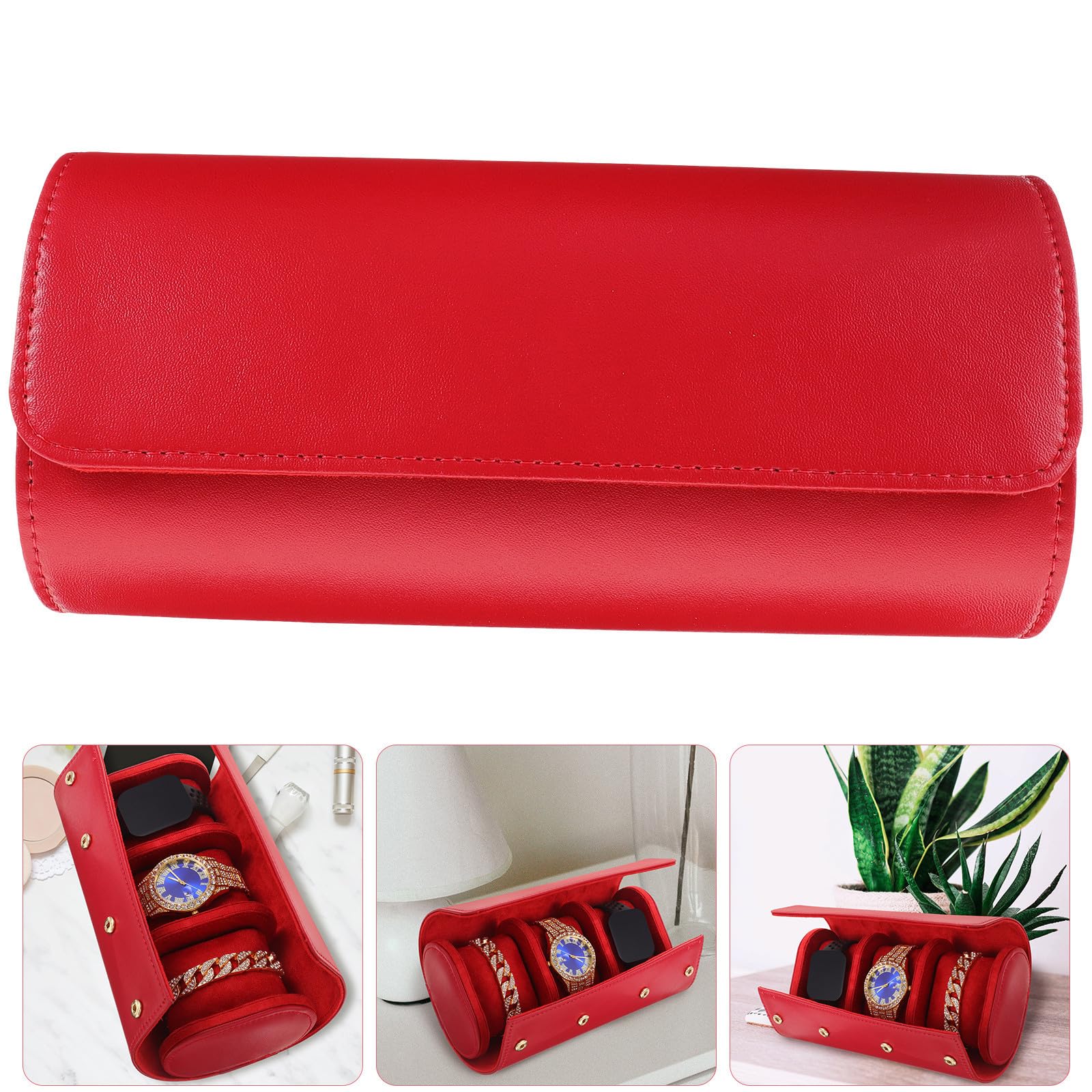 SHINEOFI Estuche Enrollable para Relojes de Cuero Rojo 3 Compartimentos