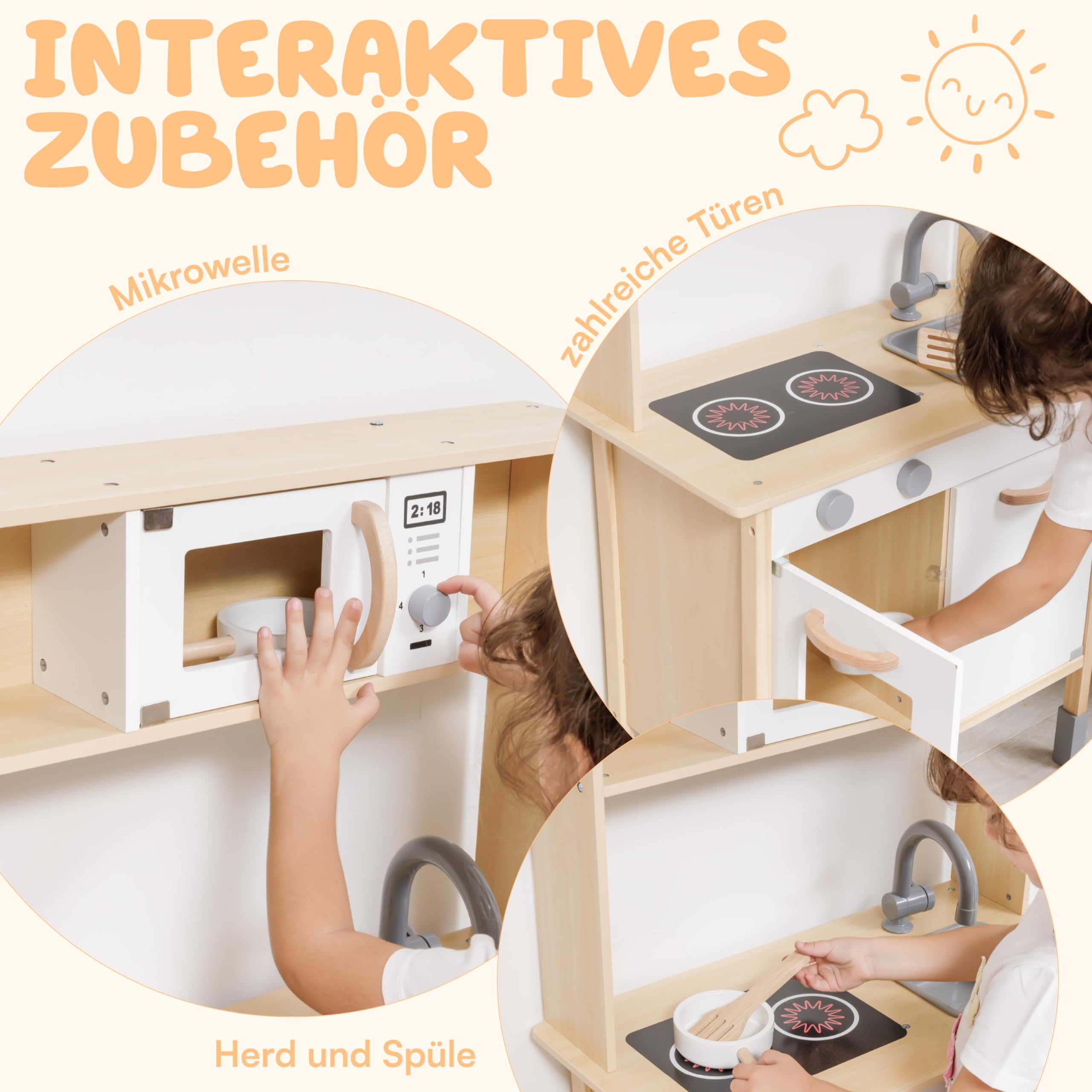 Baroni Toys Montessori Holzküche Spielzeug für Kinder, Mini-Küche aus Holz für Kinder, Spiel Küche mit Mikrowelle, Waschbecken und Herd, Spiel Kinder 3, 4, 5, 6, 7 Jahre