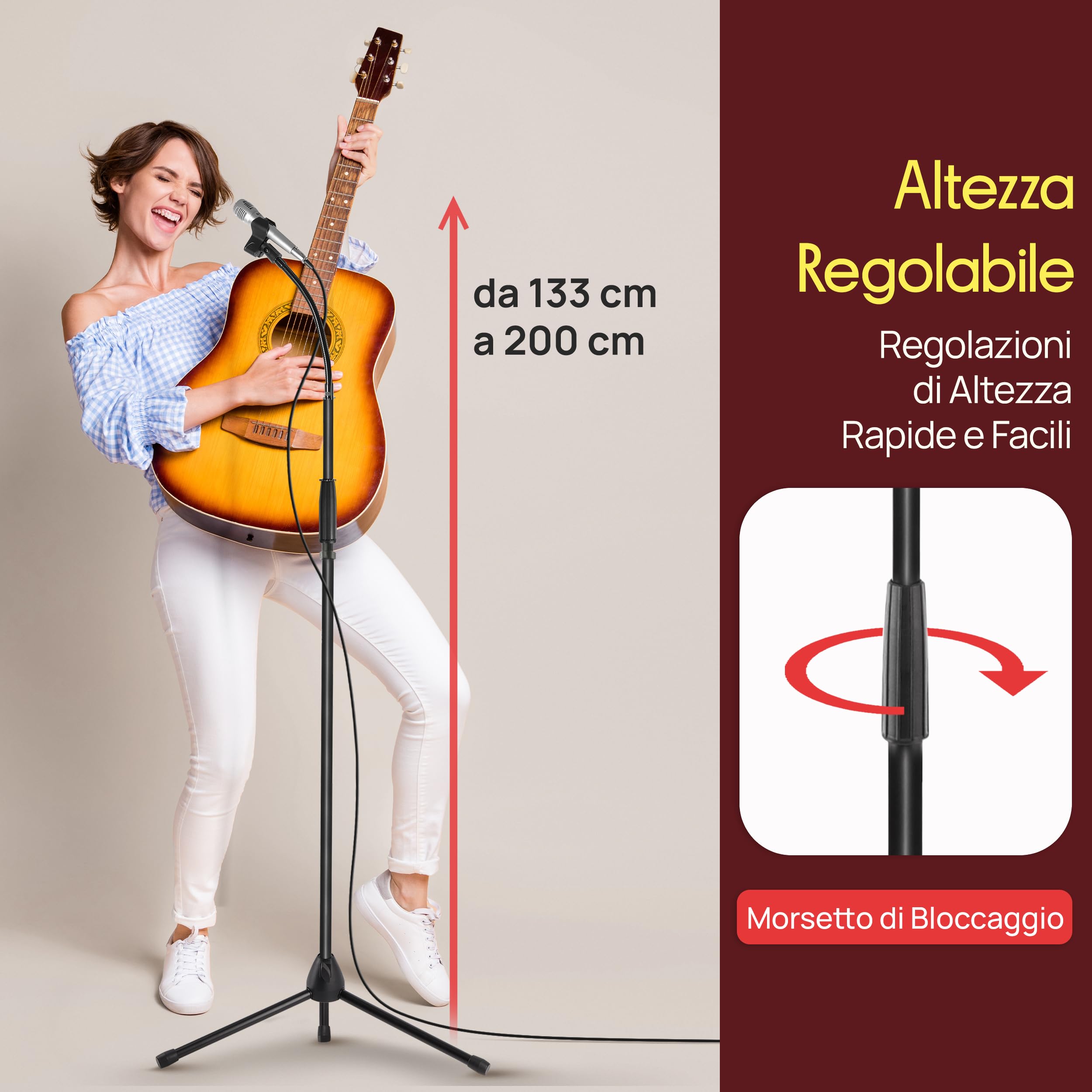 Pyle Asta Microfono, Supporto Microfono Treppiede Regolabile 133–201 cm, Base Antiscivolo, Clip Microfono e Adattatore 15,88 mm Inclusi