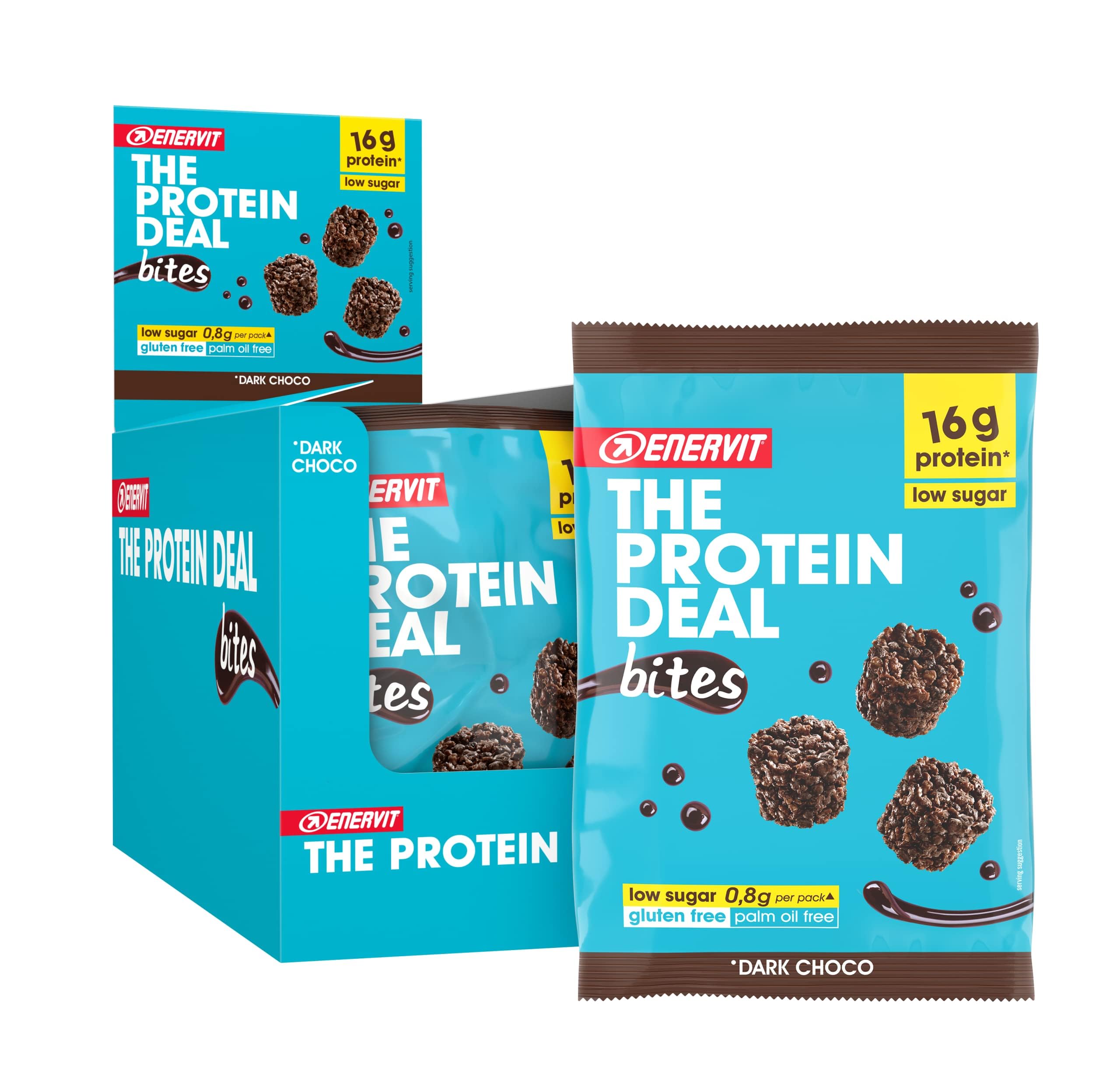 Enervit, Bocados de Proteína con Chocolate Negro y Pepitas de Soja, Porción Individual, 16 Gramos de Proteína para Mantener el Tono Muscular, Sin Gluten, Pack de 10 Minipaquetes de 53 Gramos.