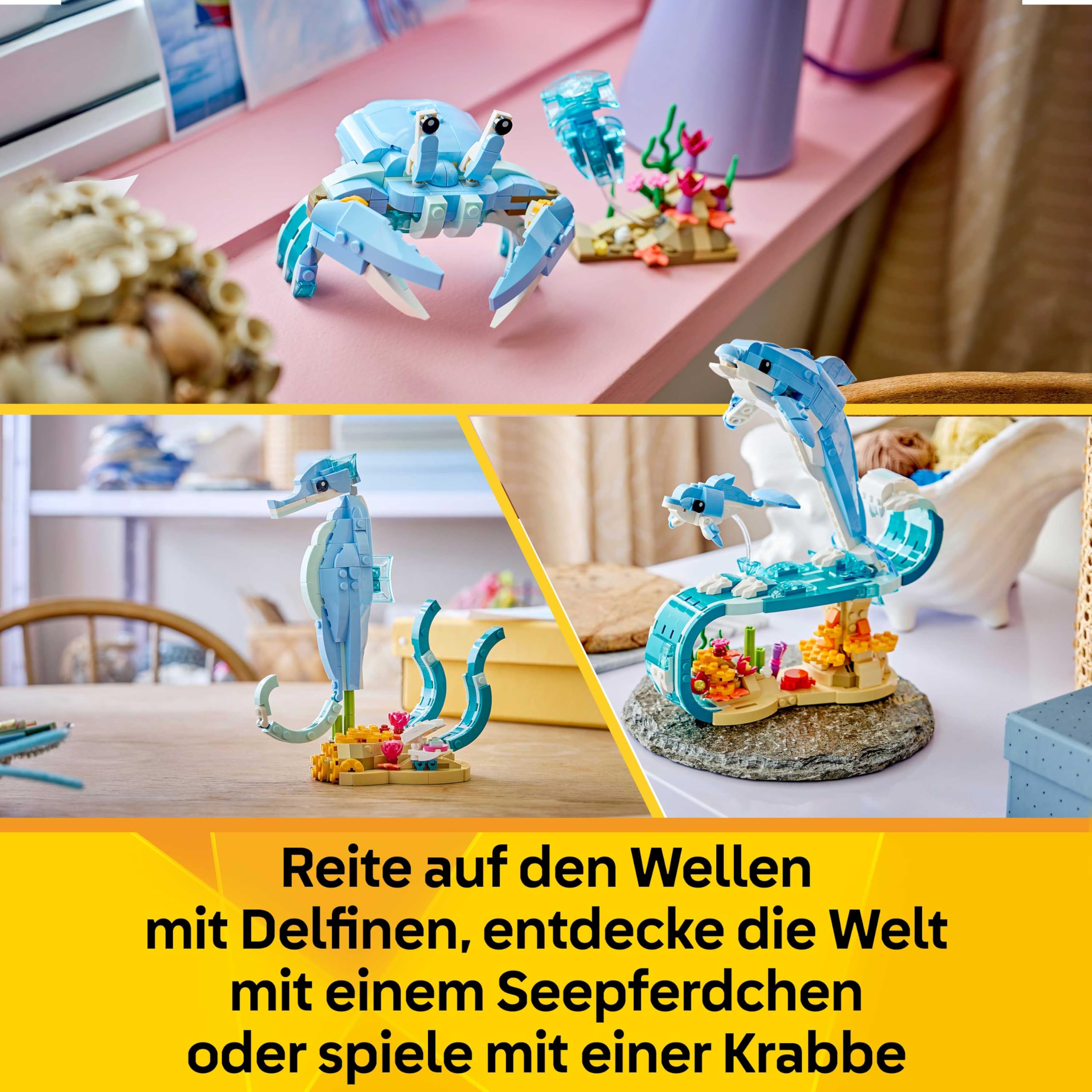 LEGO Creator 3-in-1-Set Meerestiere: Wunderschöne Delfine - Tierfiguren - Set mit 3 Optionen: Delfine, Seepferdchen & Krabbe - Spielzeug für Kinder ab 9 Jahren - Geschenk für Mädchen & Jungen - 31385