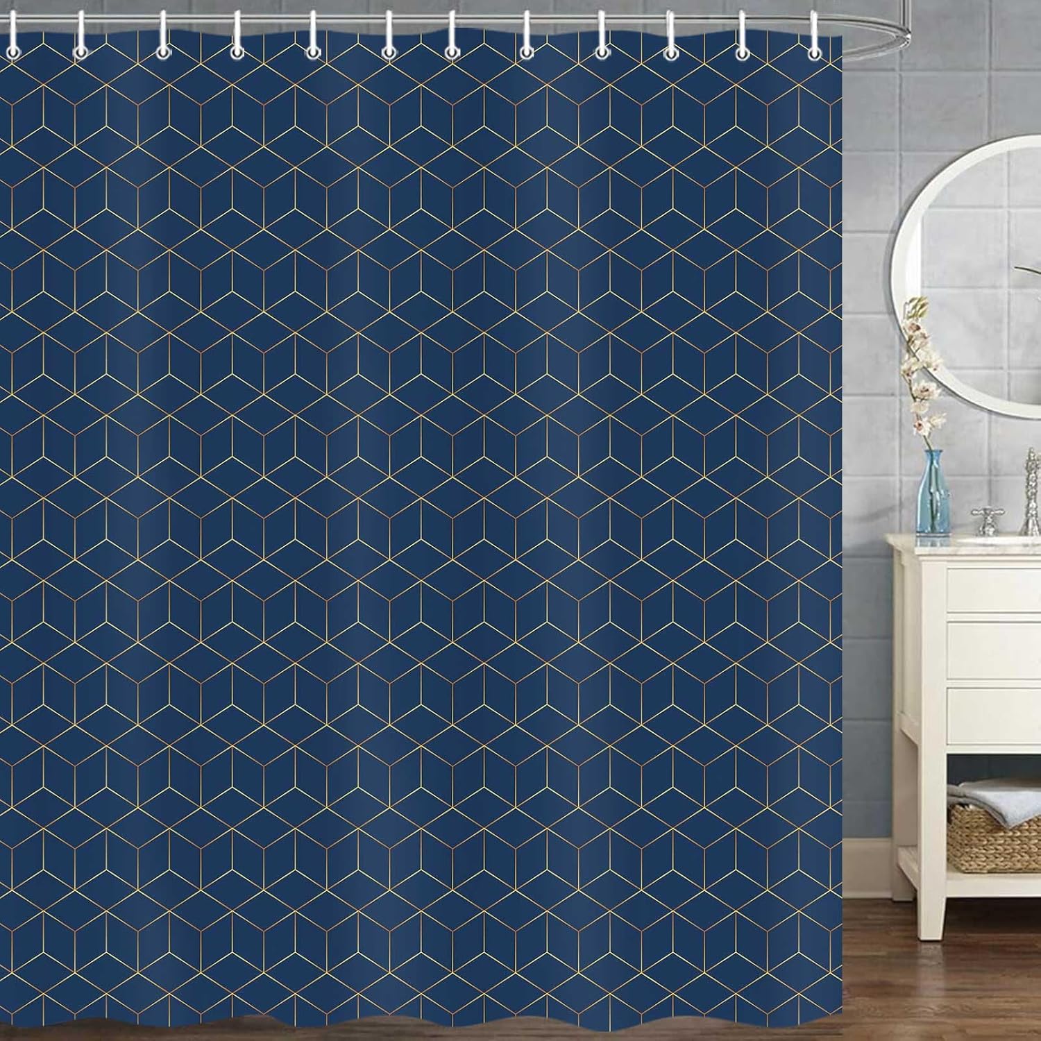 JAWO Hotel Quality Navy Blue Shower Curtain, Blue and Gold Geometric Pattern Fabric Shower Curtains Set, Modern Boho Chic Bathroom Accessories 69X84 Inches