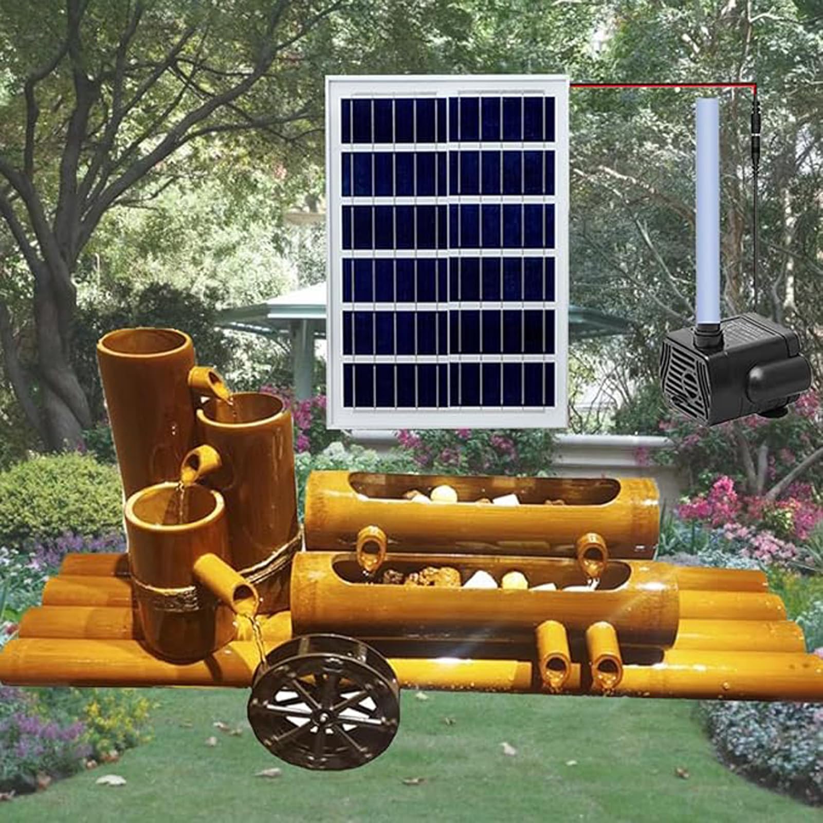 asdchZen Bamboo Fountain Kit, Feng Shui Zen Bamboo Fountain, Solar Fountains, Water Feature Landscapes, Fish Tank Circulating Water Decoration Ornaments, For Pond, Patio, Garden,24in(60cm)