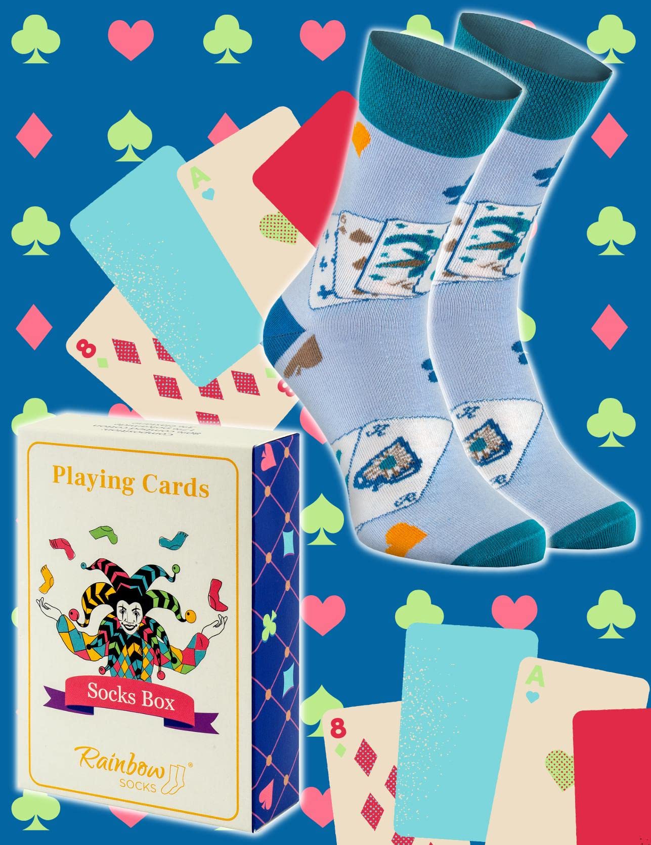 Rainbow Socks - Playing Cards Socks Box - 1 Pair, Muted Colours -Gift For A Fan Of Card Games- Size 12-14 - Image 2
