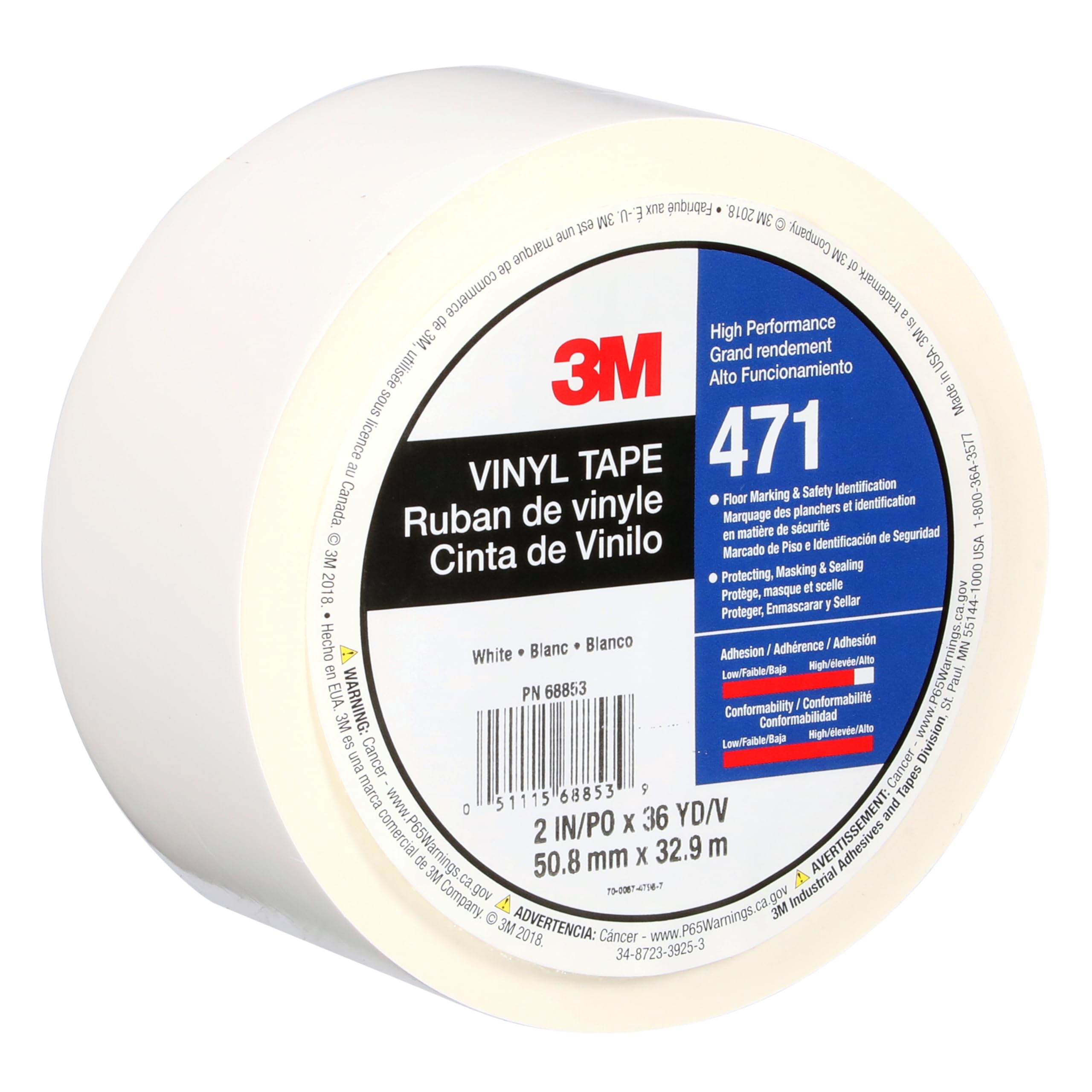 3M Vinyl Tape 471 White, 2 in x 36 yd, Conveniently Packaged (Pack