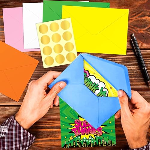 Miniatura 6 de Tarjetas de agradecimiento de cómic de superhéroes con sobres, paquete de 24 tarjetas de felicitación para niños, estudiantes, amigos, profesores,