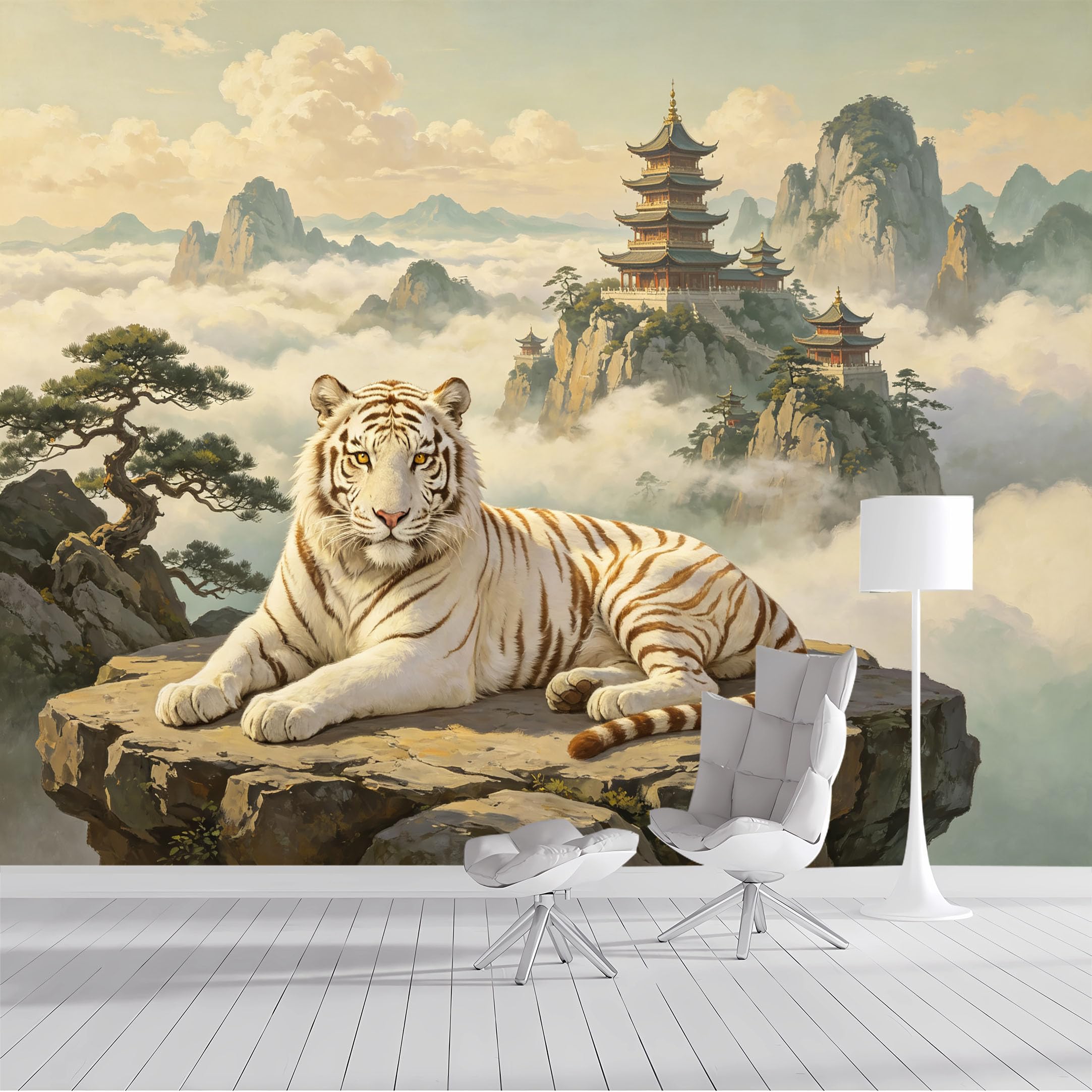 Yzpallescene Bh260711074 Custom Size Wall Mural Oriental Tiger Mountain Pagoda Selfadhesive Wall Fabric Removable Peel And Stick Wallpaper Wall Decor For Living Room Bedroom Bathroom