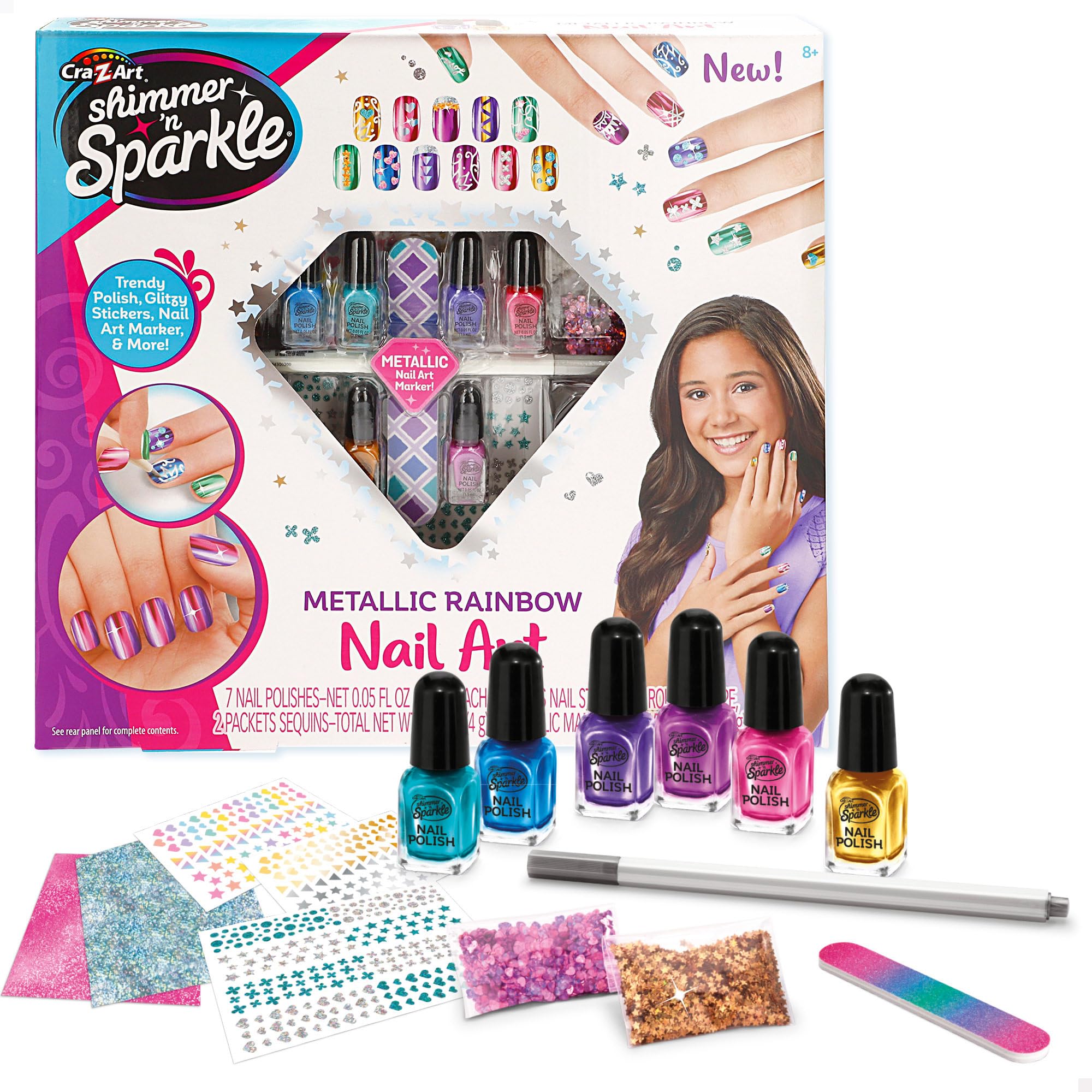 COLORBABY Zestaw lakierów do paznokci Shimmer N Sparkle, zawiera 6 lakierów, 2 woreczki z cekinami, 2 arkusze naklejek, pilnik i metaliczny marker, zabawki dla dziewcząt, manicure (46918)