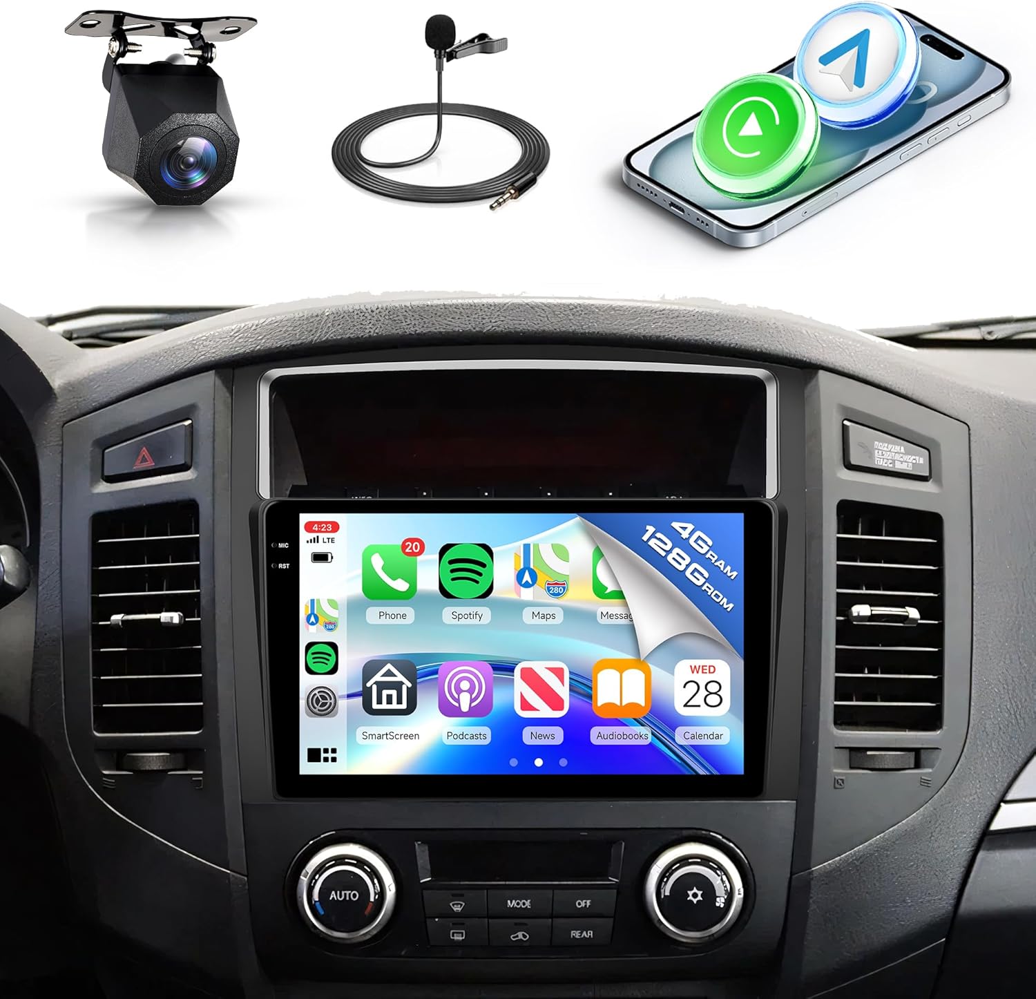 4+128G Android Car Stereo Radio for Mitsubishi Pajero 4 V80 V90 2006-2014 Wireless Carplay Android Auto, 9'' in-Cell Screen Head Unit with GPS/Bluetooth/FM RDS/EQ/Wi-Fi Mirror Link Backup Camera SWC