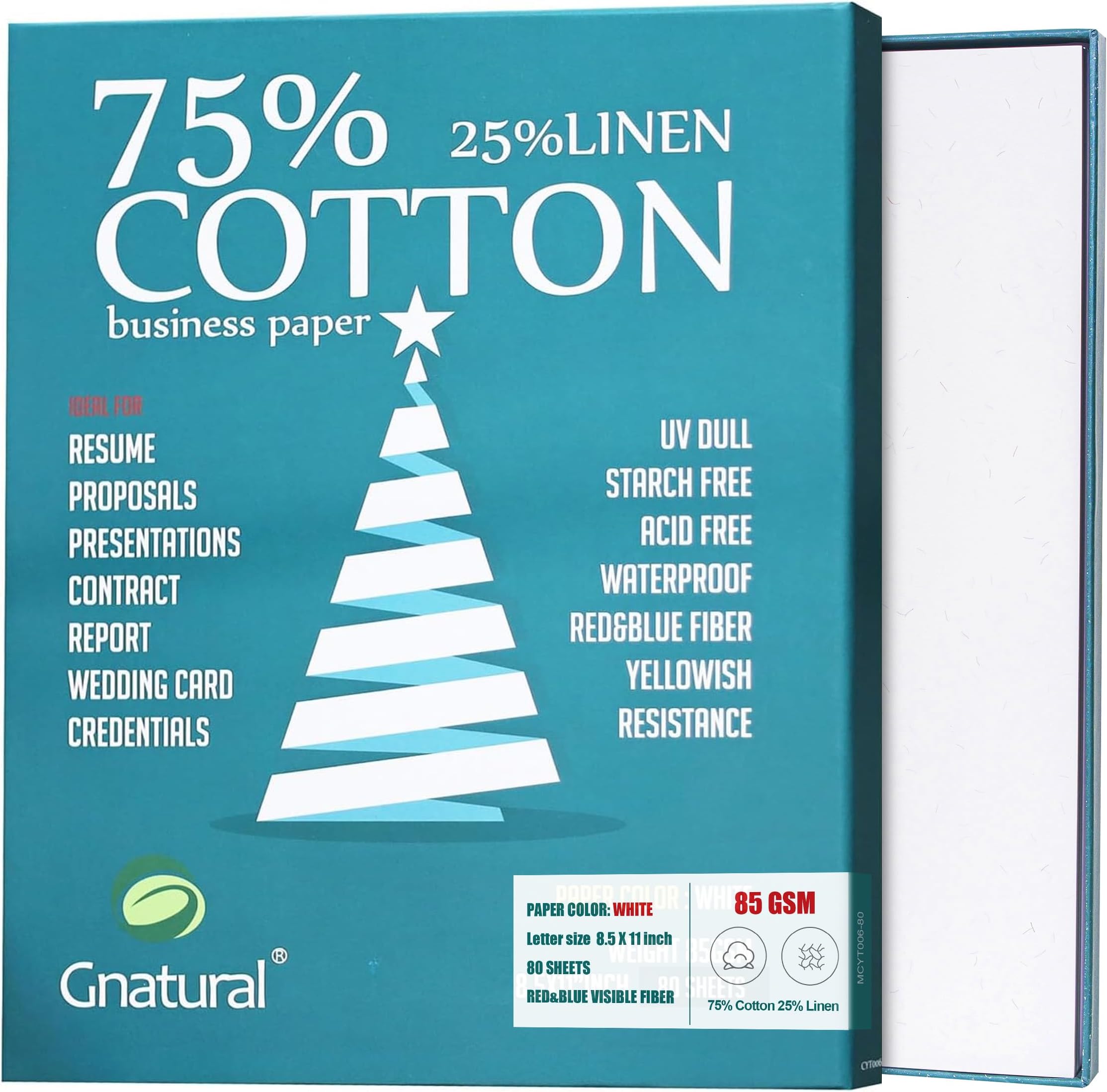 75% Cotton 25% Linen Resume Paper, 85 GSM Inkjet Printer Paper, 8.5”×11”White Color Business Paper Won't Get Wet with 80 Sheets Starch Free