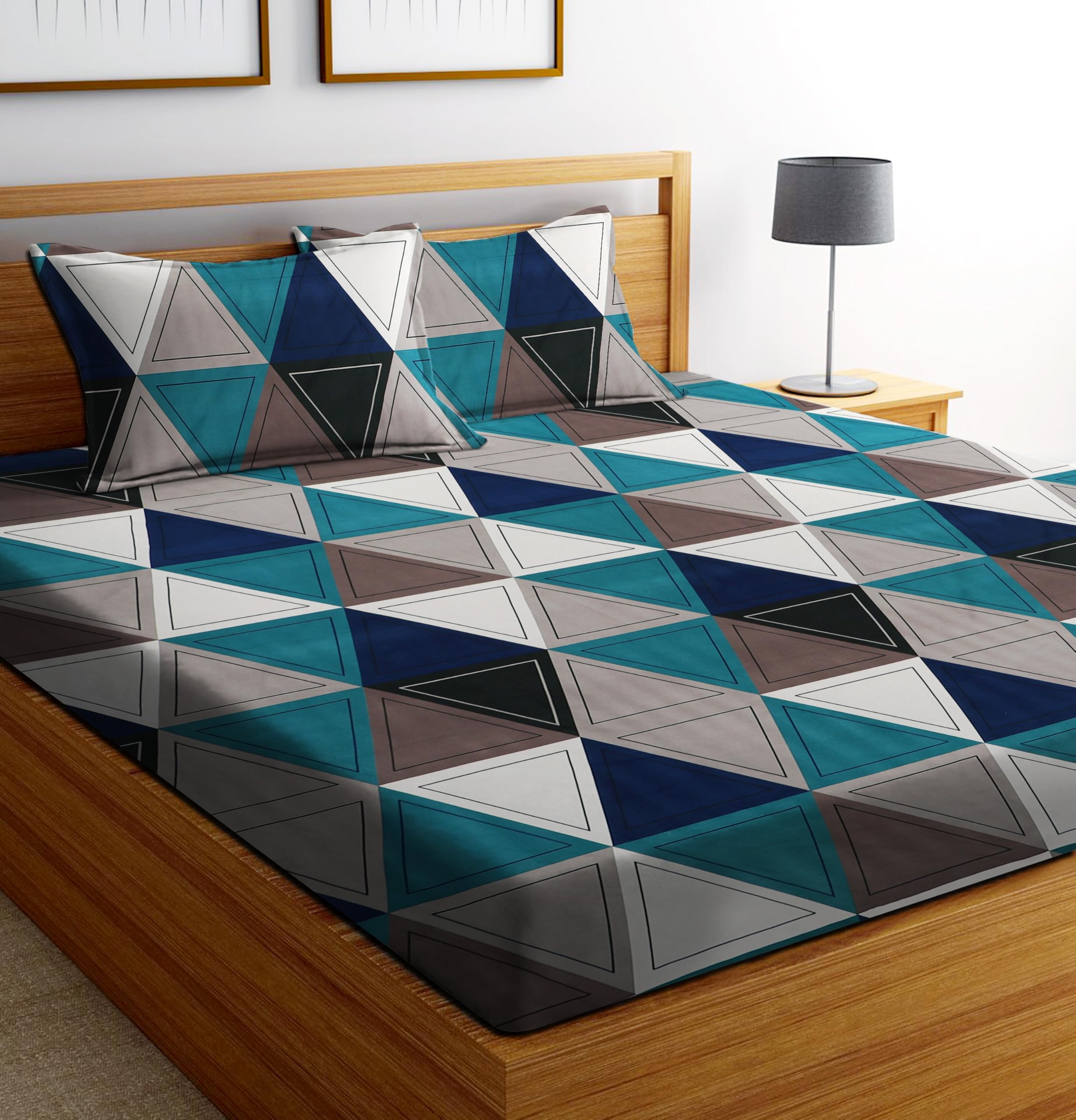 SHOMES Cotton Glace Cotton Elastic Fitted Bedsheet with 2 King Size Pillow Covers | Double Bed with All Around Elastic, Fits Upto 8 Inches Mattress, Size 72 x 78 Inches (Multicolor)-image-1