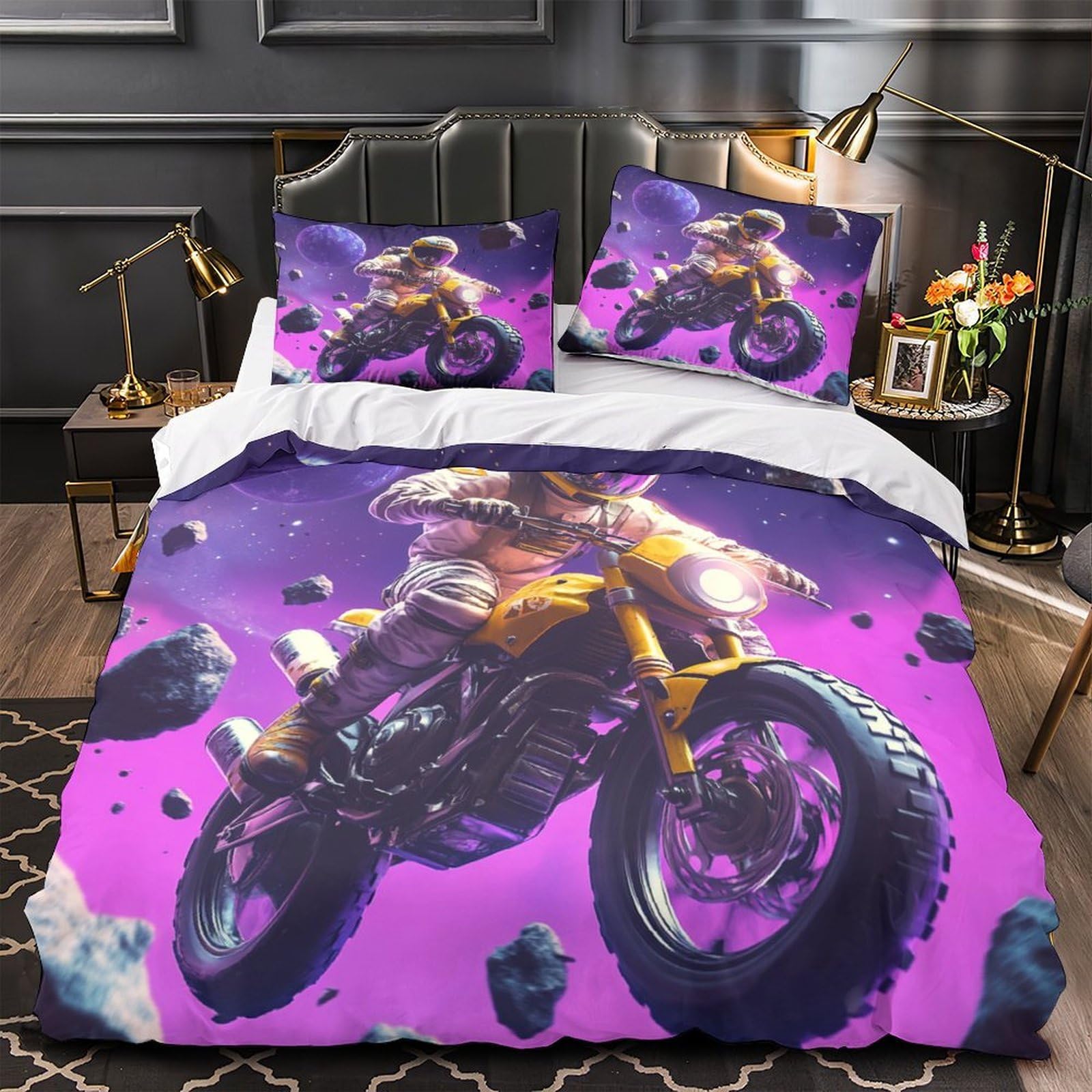 Housse de couette moto 3D anti-plis et facile à laver pour lit enfant