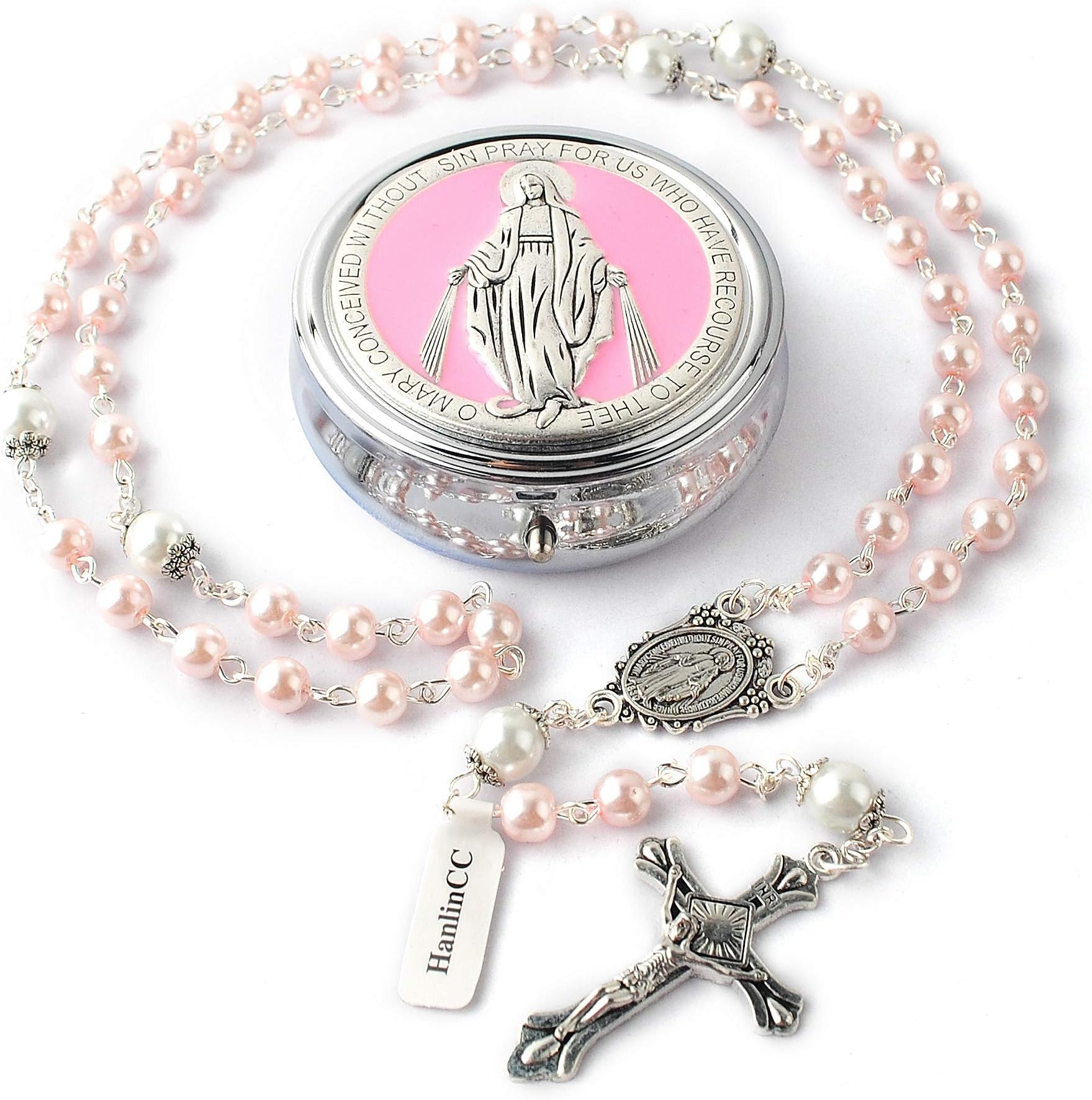 6mm Glass Pearl Beads with 8mm Our Father Beads with Caps Rosary Pack in Miraculous Metal Gift Box
