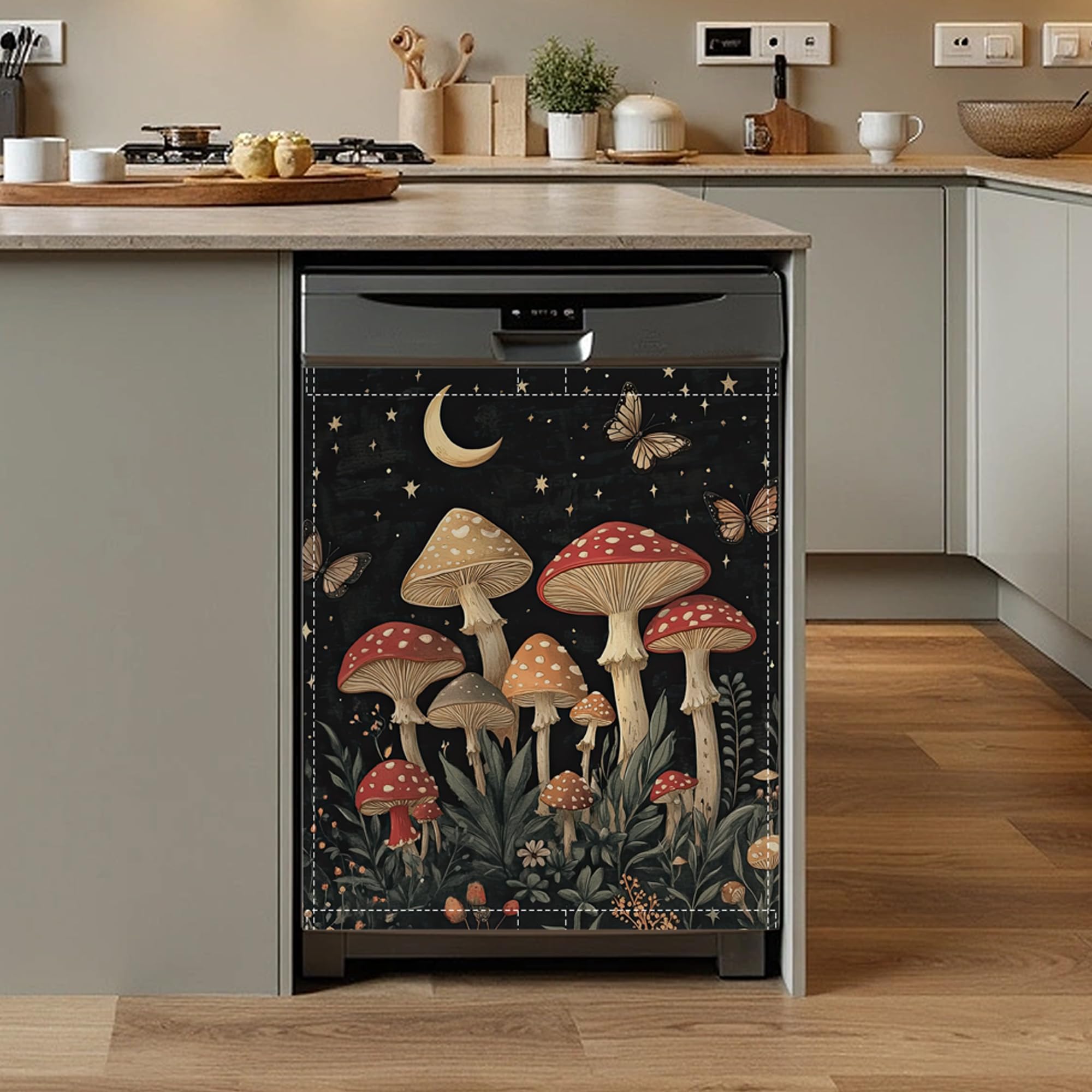 Mushroom Moon Dishwasher Magnet Cover,Front Dishwasher Cover Decoration Reusable Decorative Magnetic Cover for Home Kitcen Appliance 23x26 Inch