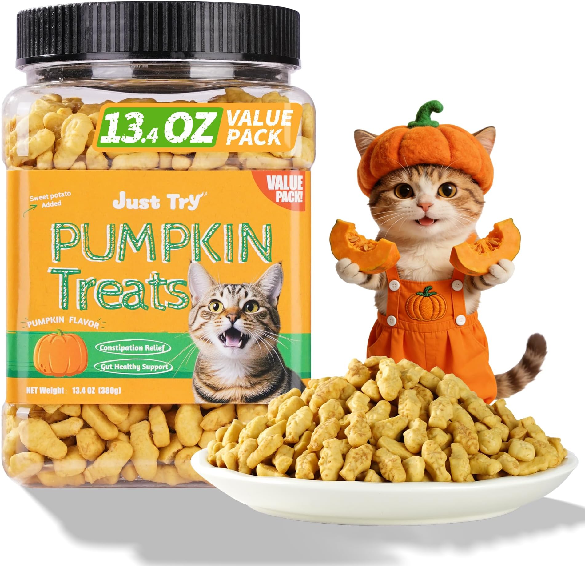 Just Try 13.4 OZ Pumpkin Cat Treats Cat Constipation Relief Hairball Control Healthy Salmon Snacks Training Biscuits Treats for Digestive Support Low Calorie Kitten Snacks