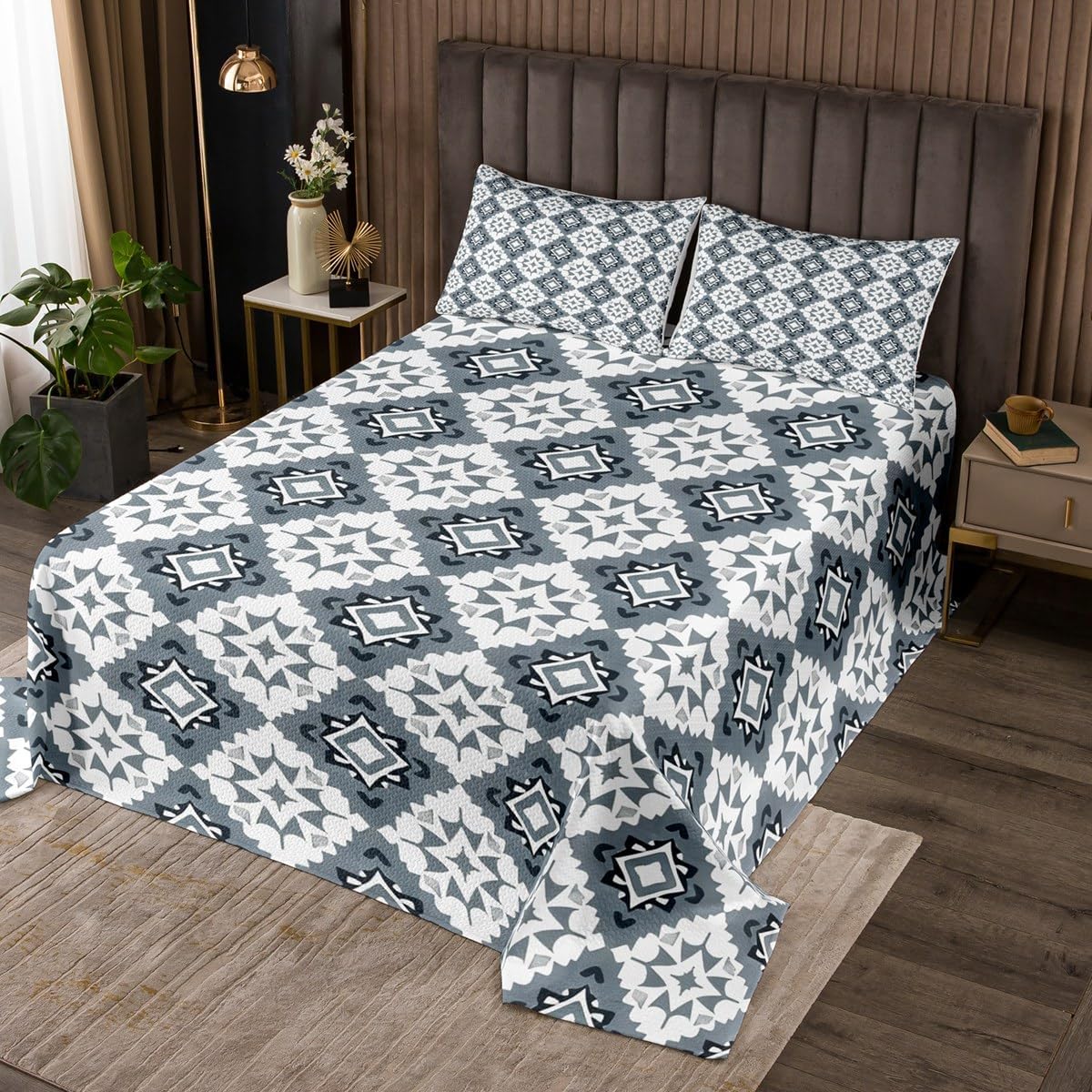 Erosebridal Black Grey Boho Quilt Set Twin Tribal Aztec Geometric Bedspread Native American Southwestern Coverlet Set for Kids Adults,Western Decor Bedding Quilted