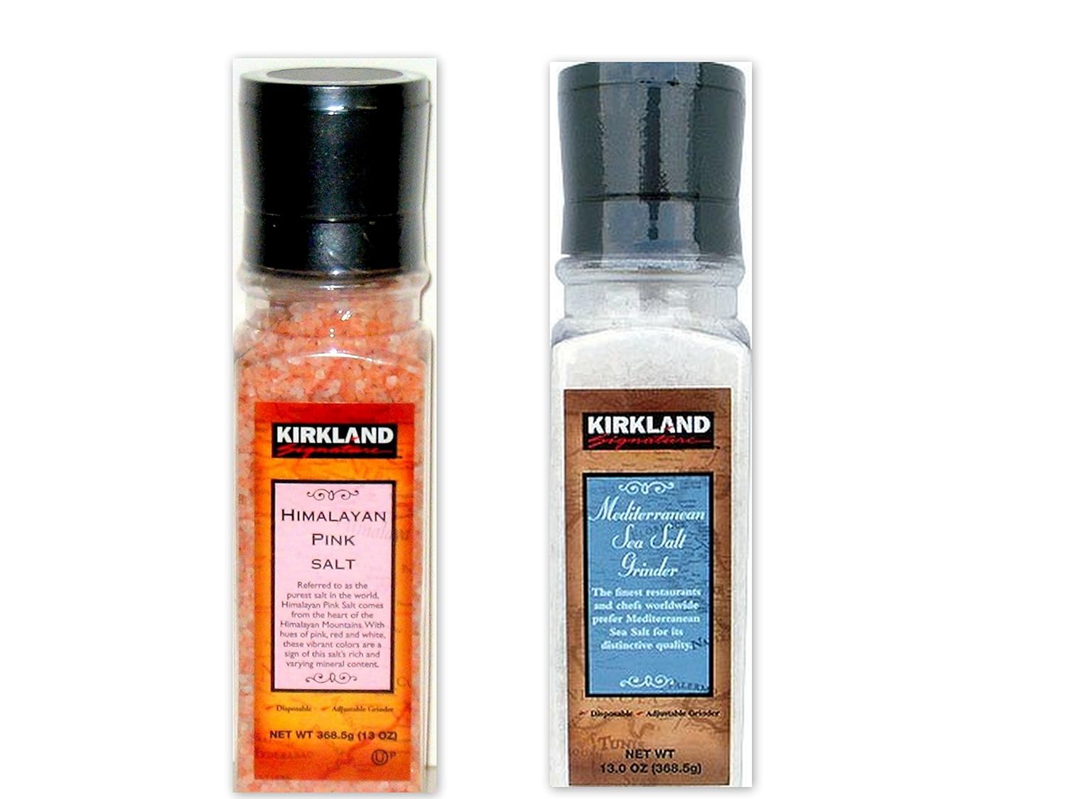Kirkland Signature Salt Variety Bundle, 13 oz (Pack of 2) includes 1-Bottle Himalayan Pink Salt + 1-Bottle Mediterranean Sea Salt Grinder