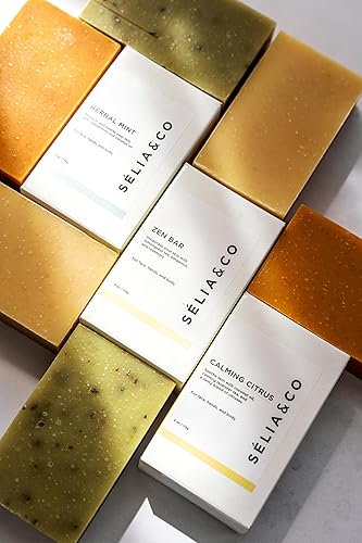 Miniatura 5 de SELIA & CO - Jabón botánico en barra totalmente natural para unisex - Cítricos calmantes, menta herbal, barra zen (paquete de 3)
