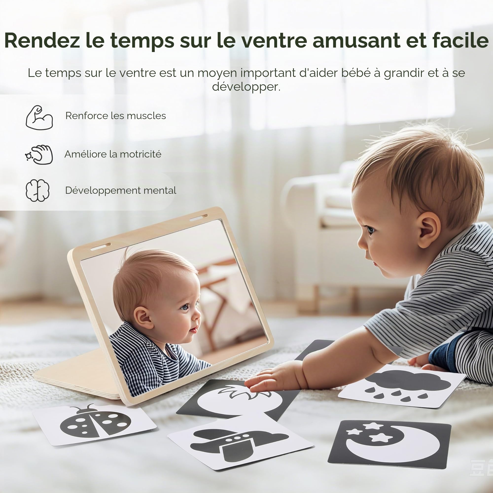 WOODEN TEETHER Jouet Montessori pour nouveau-né - Miroir pour bébé avec cartes visuelles noires et blanches - 0 à 12 mois - Cadeau de nouveau-né