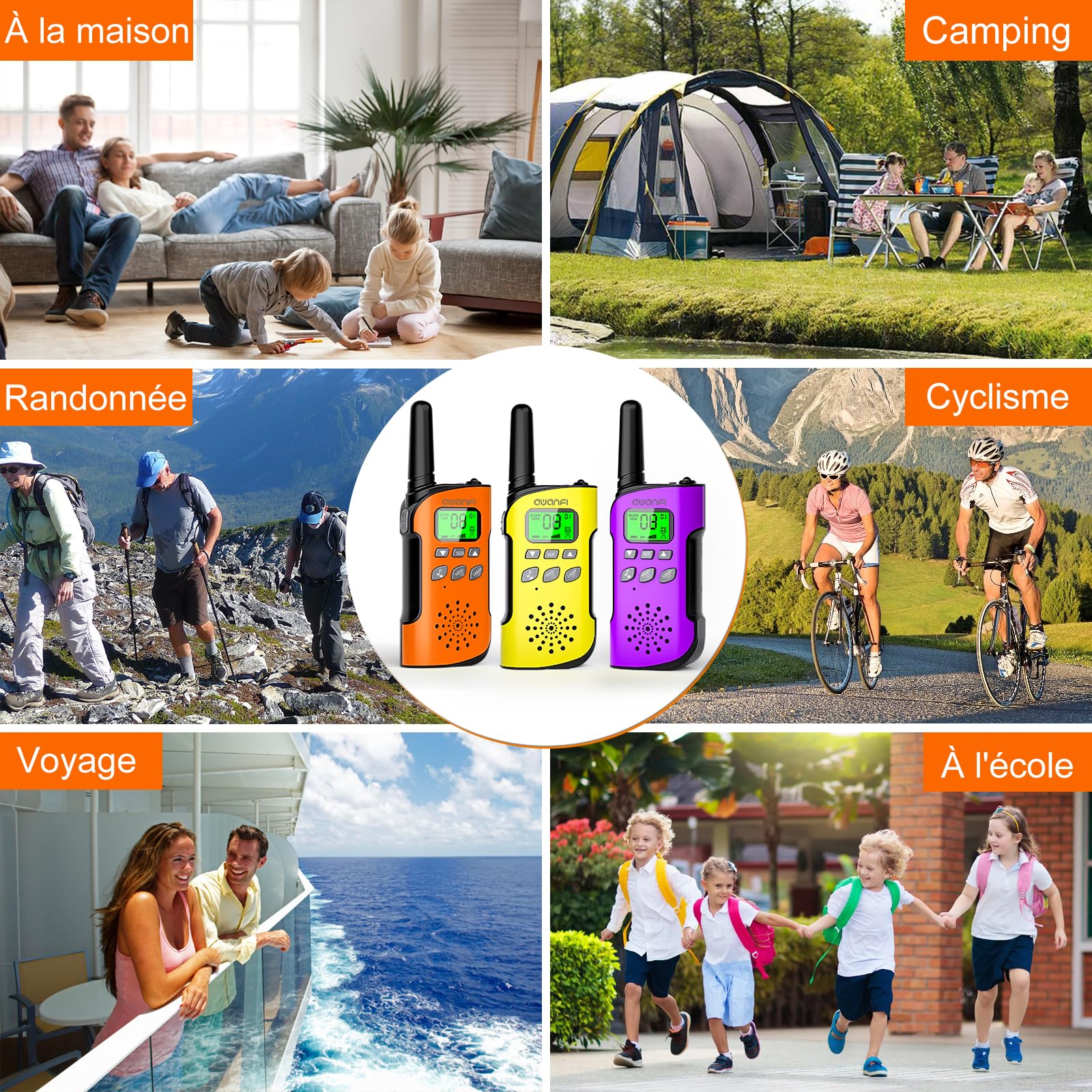 Talkie Walkie Enfants Adultes Rechargeable 3 Pièces, Talkie-Walkie Longue Portée Lampe Torche 8 Canaux, Walkie Talkie USB Type C pour Camping, Randonneé, Vélo, Cadeau Jouet pour Fille et Garçon