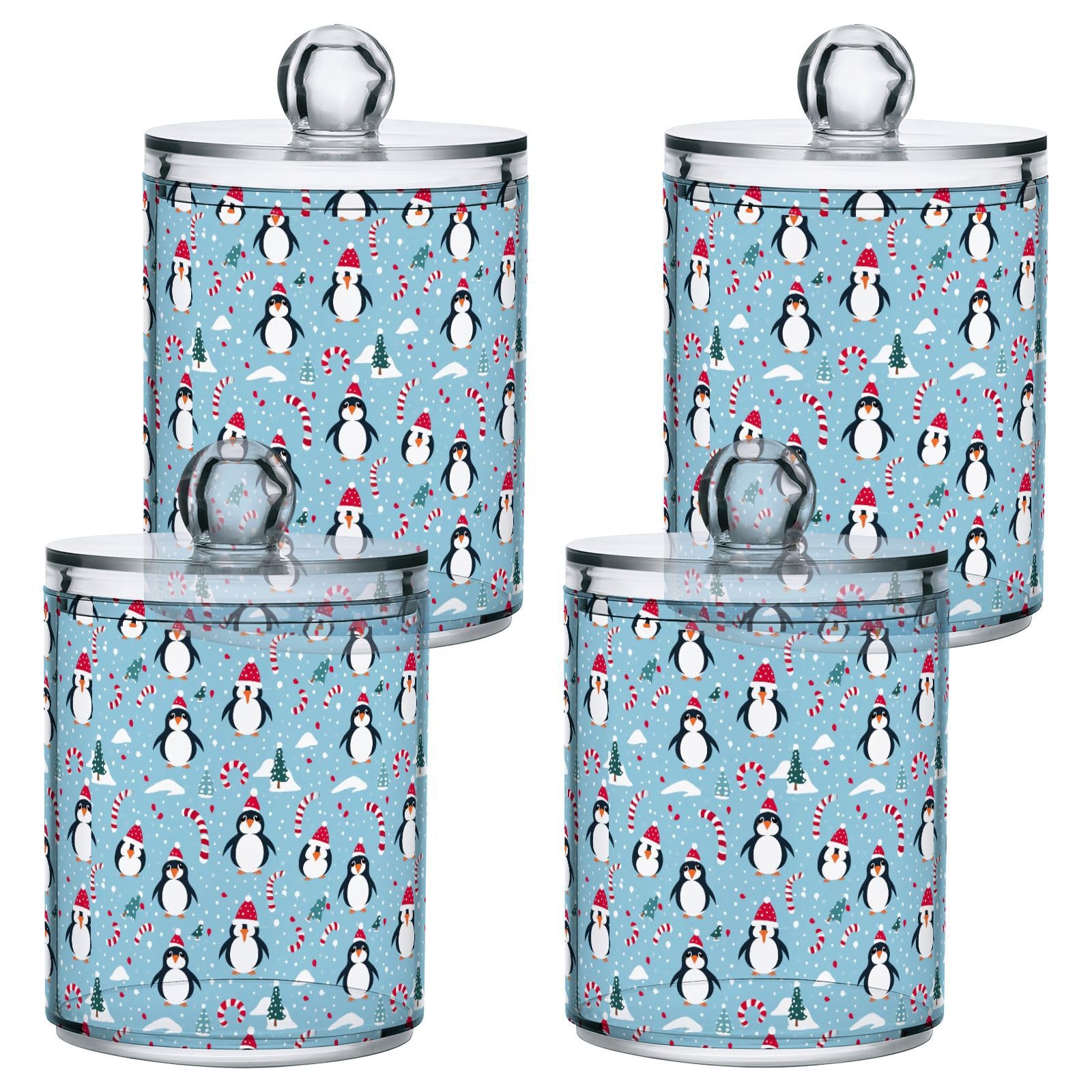 4 Pcs Christmas Xmas Penguin 10 OZ Qtip Holder Dispenser for Cotton Ball Cotton Swab Cotton Round Pads