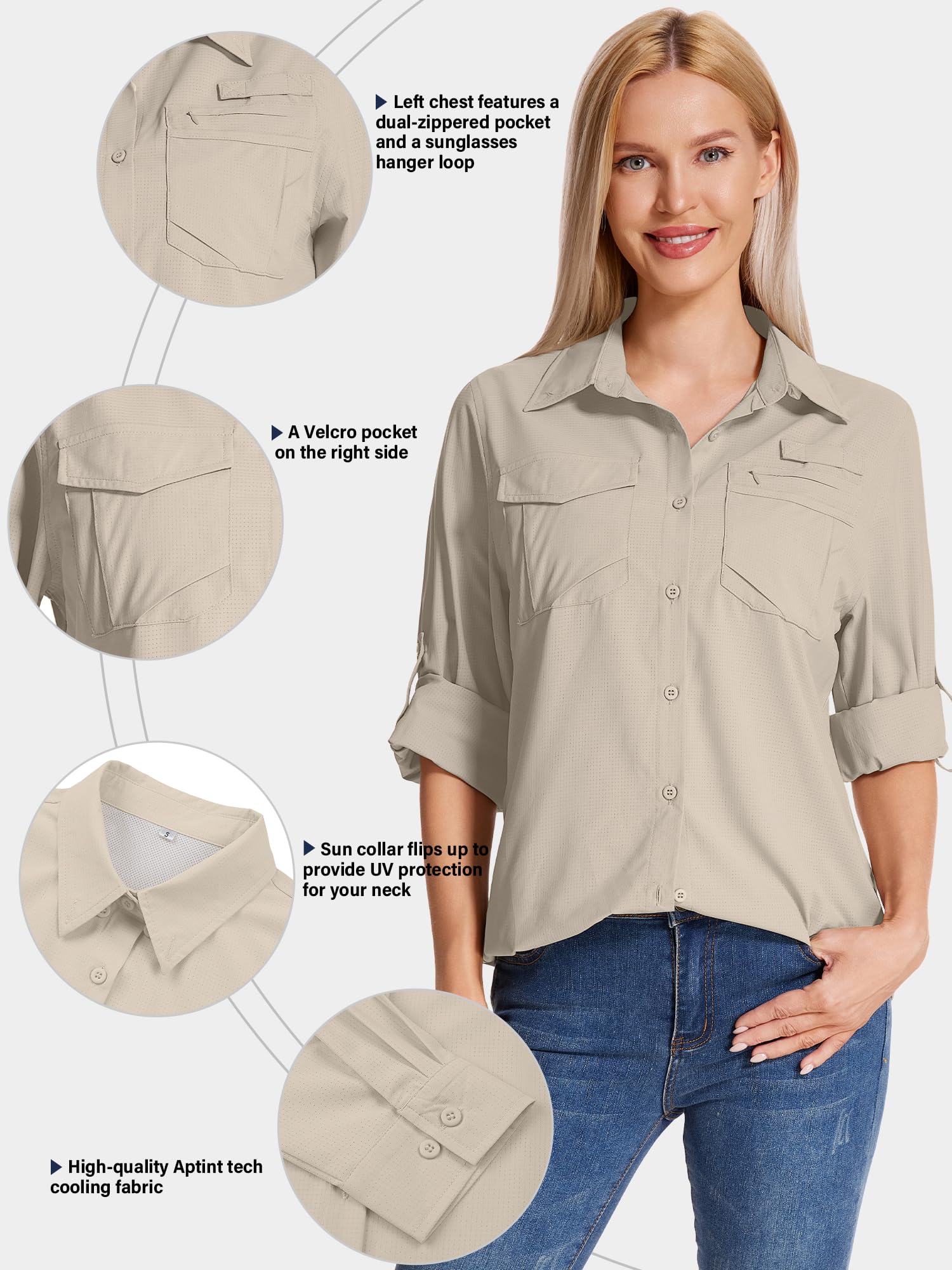 Chemise de safari à manches longues pour femme UPF 50 Protection solaire UV Séchage rapide Randonnée Marche Pêche Voyage en plein air