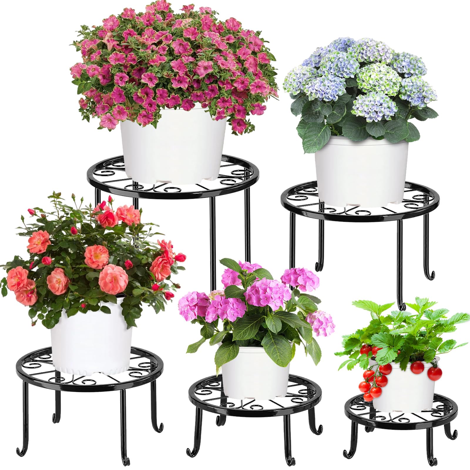 Metal Plant Stand for Outdoor Indoor Plants, Heavy Duty Flower Pot Stands for Multiple Plant, Rustproof Iron Round Plant Shelf for Planter, Decoration Racks for Home Indoor and Outdoor 5 Pack (Black)
