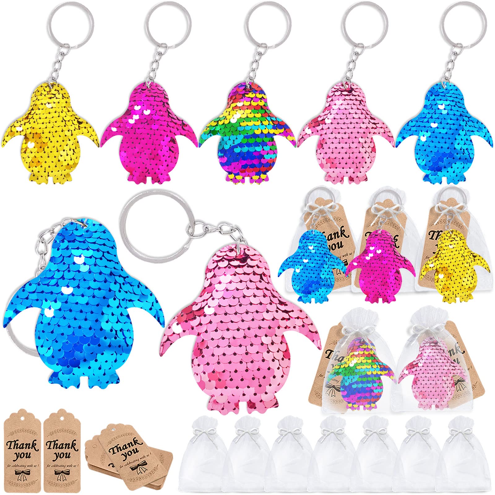 CiciBear 60 Pack Penguin Double-Deck Flip Sequin Party Sets with 20 Keychains, 20 Thank You Tags and 20 Bags for Animal Party,Birthday,Carnival,