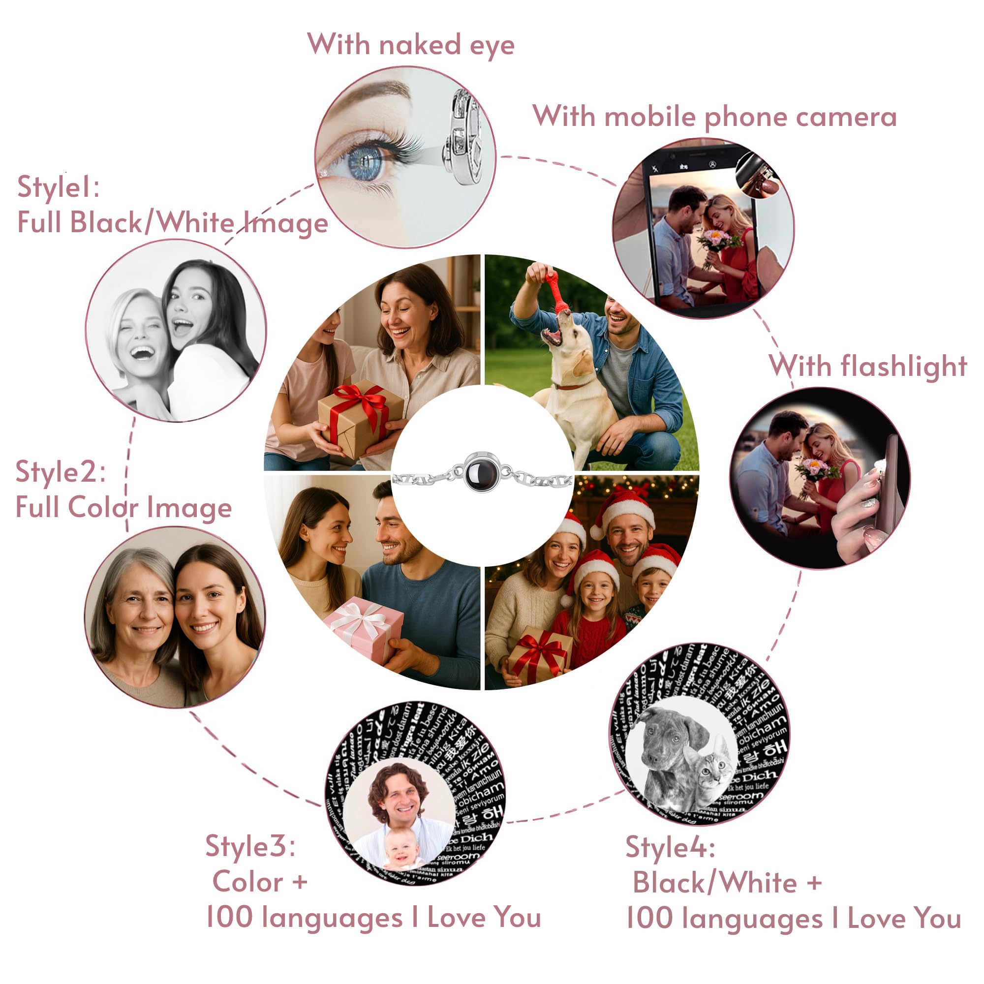 Pulsera con foto personalizada en plata de ley 925: pulsera personalizada con imagen en el interior, joyería con proyección, regalo para cumpleaños, aniversario y San Valentín