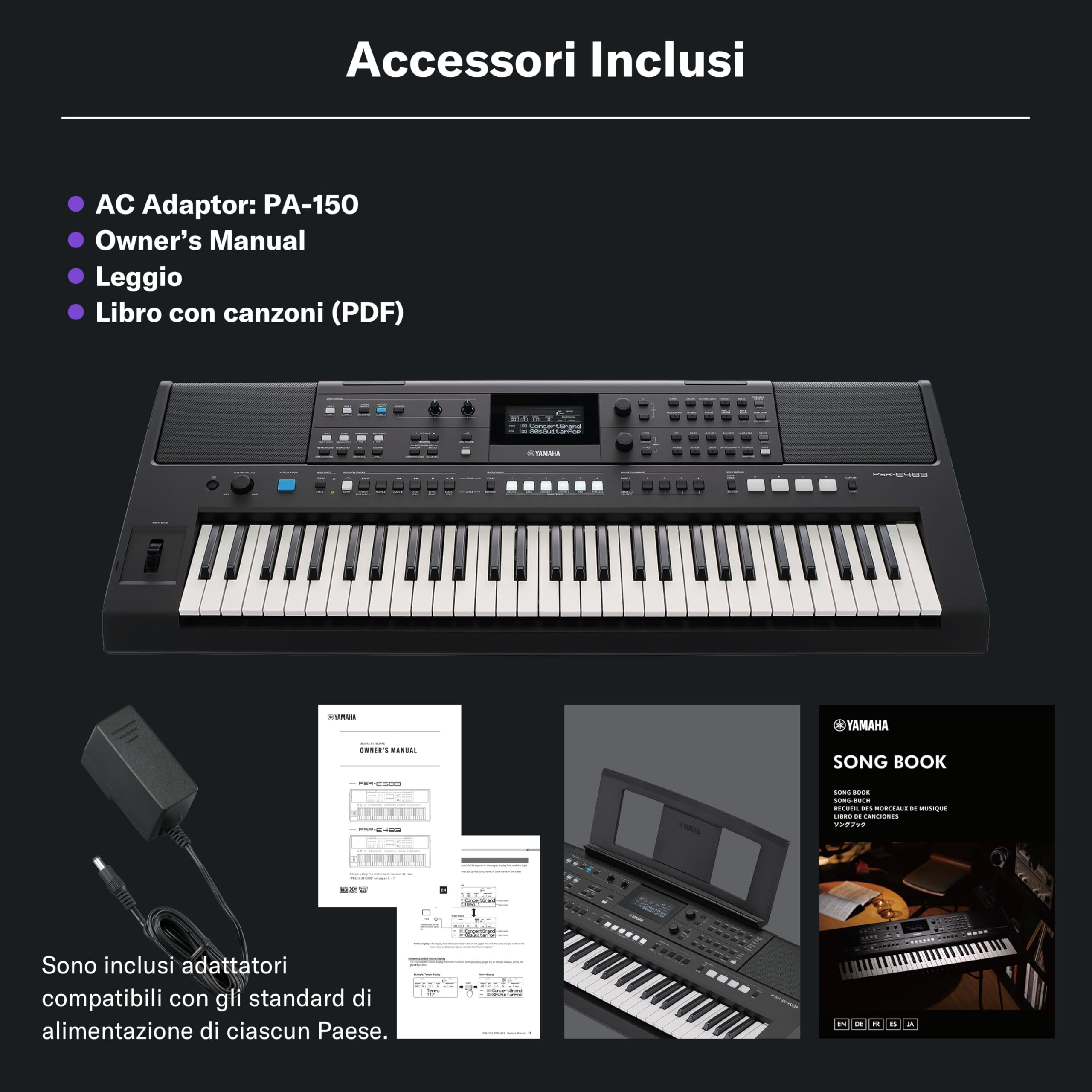 YAMAHA PSR-E483 Tastiera – Tastiera Portatile Moderna con 61 Tasti Sensibili al Tocco, 860 Voci con 15 Super Articulation Lite, 345 Stili, Speaker Potenti e USB-C – Nero