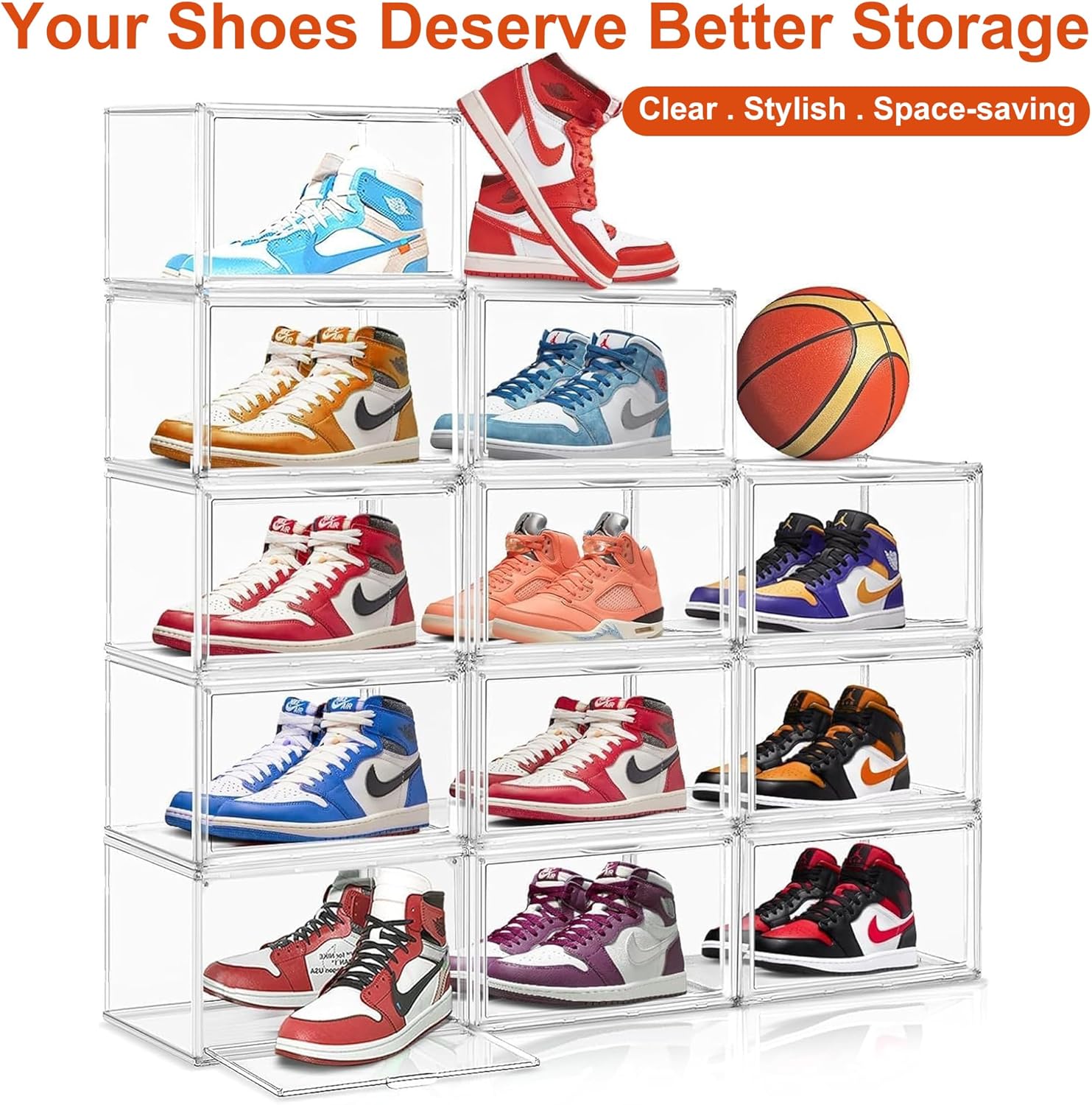 Clear Shoe Storage Boxes 6 Pack, Size 14 Acrylic Shoe Box Stackable Large Sneakers Display Case with Magnetic Door Hat Collectibles Handbag Purse Organizer for Closet