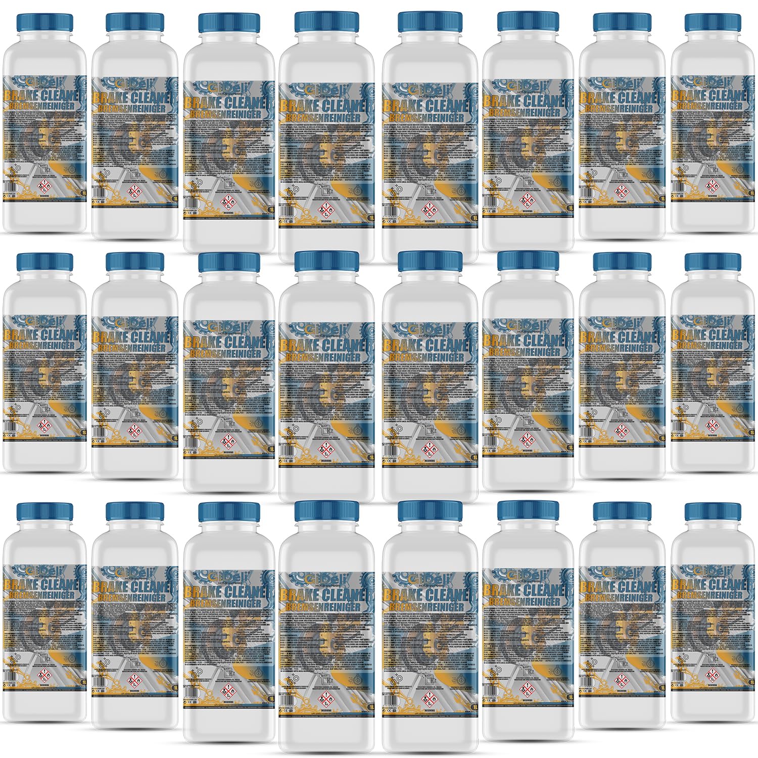 GiDeli Limpiador de frenos, 24 x 1 l, para coche, moto y bicicleta, elimina aceite, grasa, polvo de frenos, restos de pegamento, desengrasante de taller, secado rápido, no deja residuos
